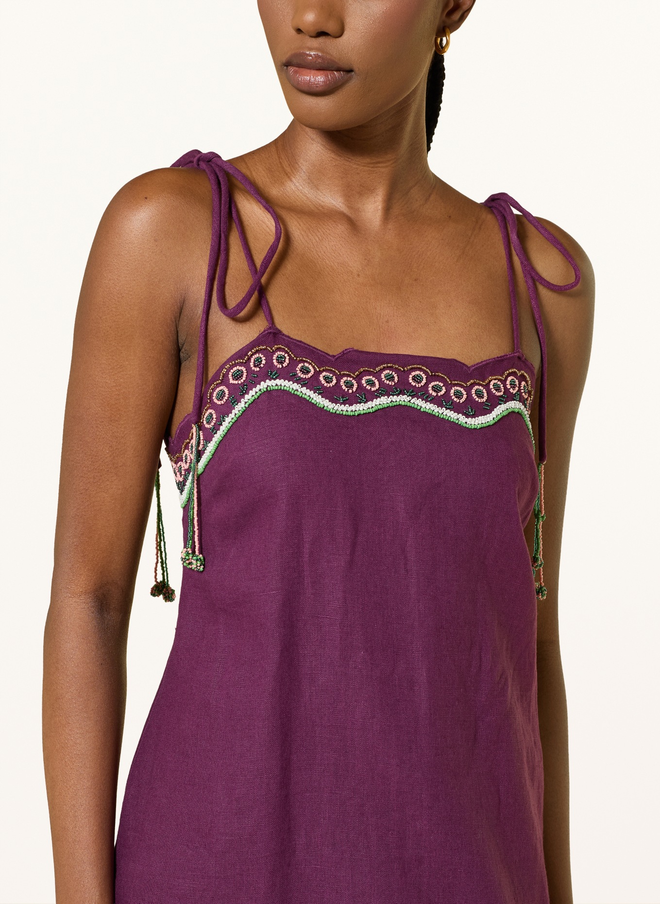 ottod'ame Linnen jurk met sierparels: DONKERPAARS / ROZE / LICHTGROEN