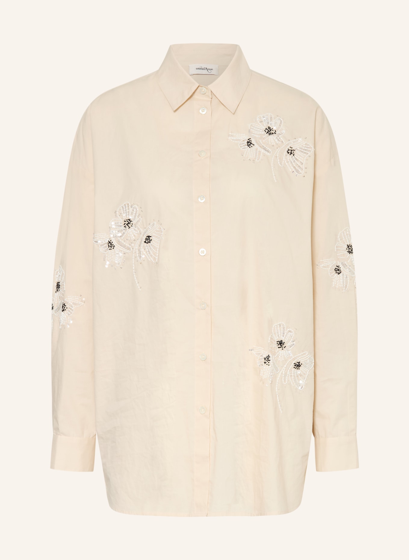 ottod'ame Oversized overhemdblouse met pailletten en sieradenparels: ECRU / WIT / ZWART