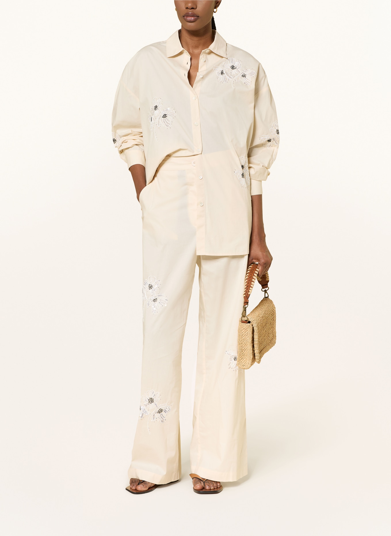 ottod'ame Marlenehose mit Pailletten und Schmuckperlen: CREME