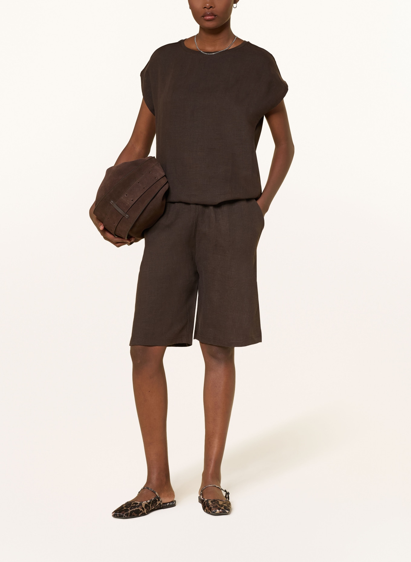 darling harbour T-shirt van gemengd materiaal met linnen: CHOCOLATE