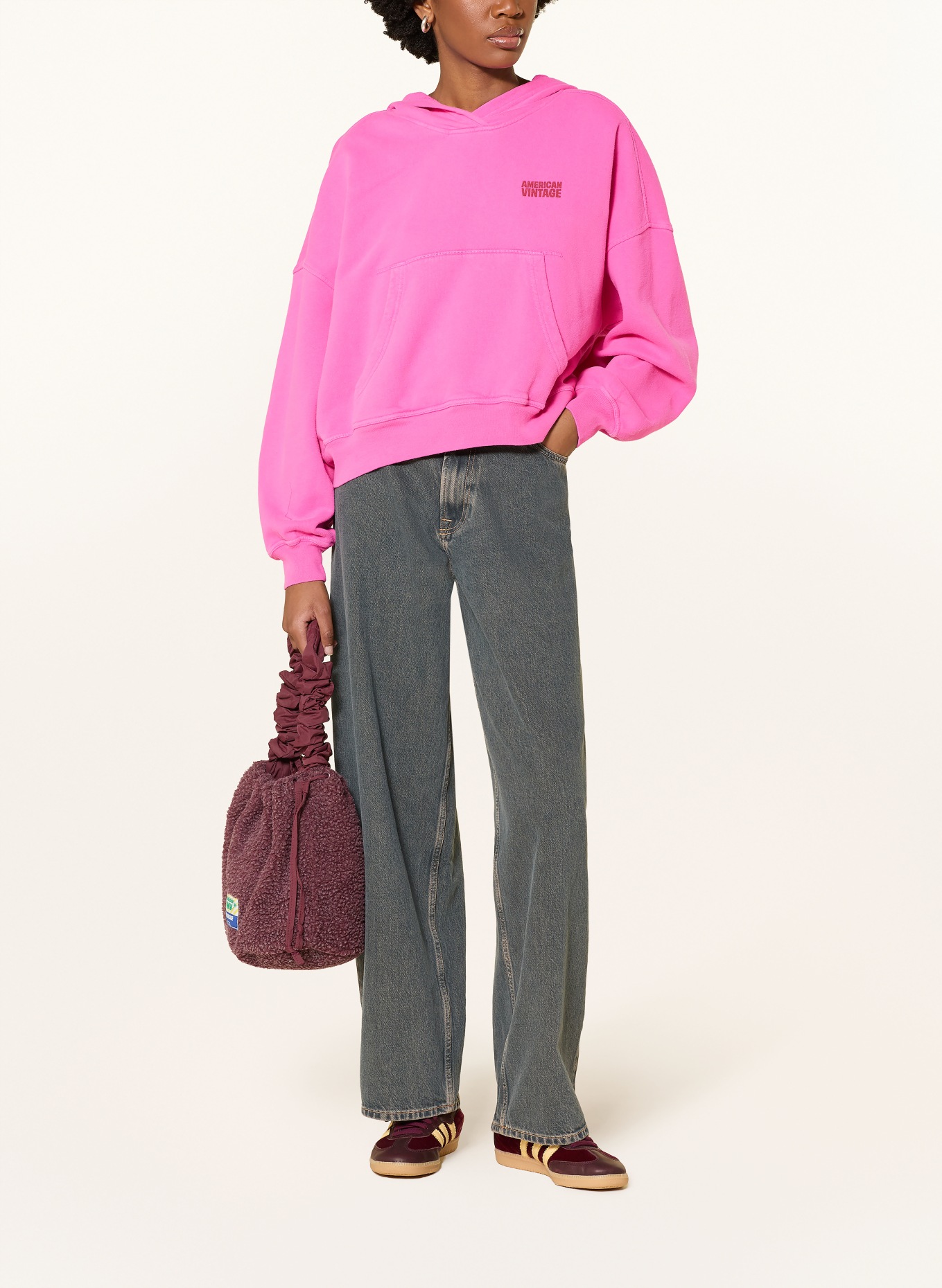 American Vintage Bluza z kapturem PLIZZY: MOCNORÓŻOWY / CIEMNOCZERWONY