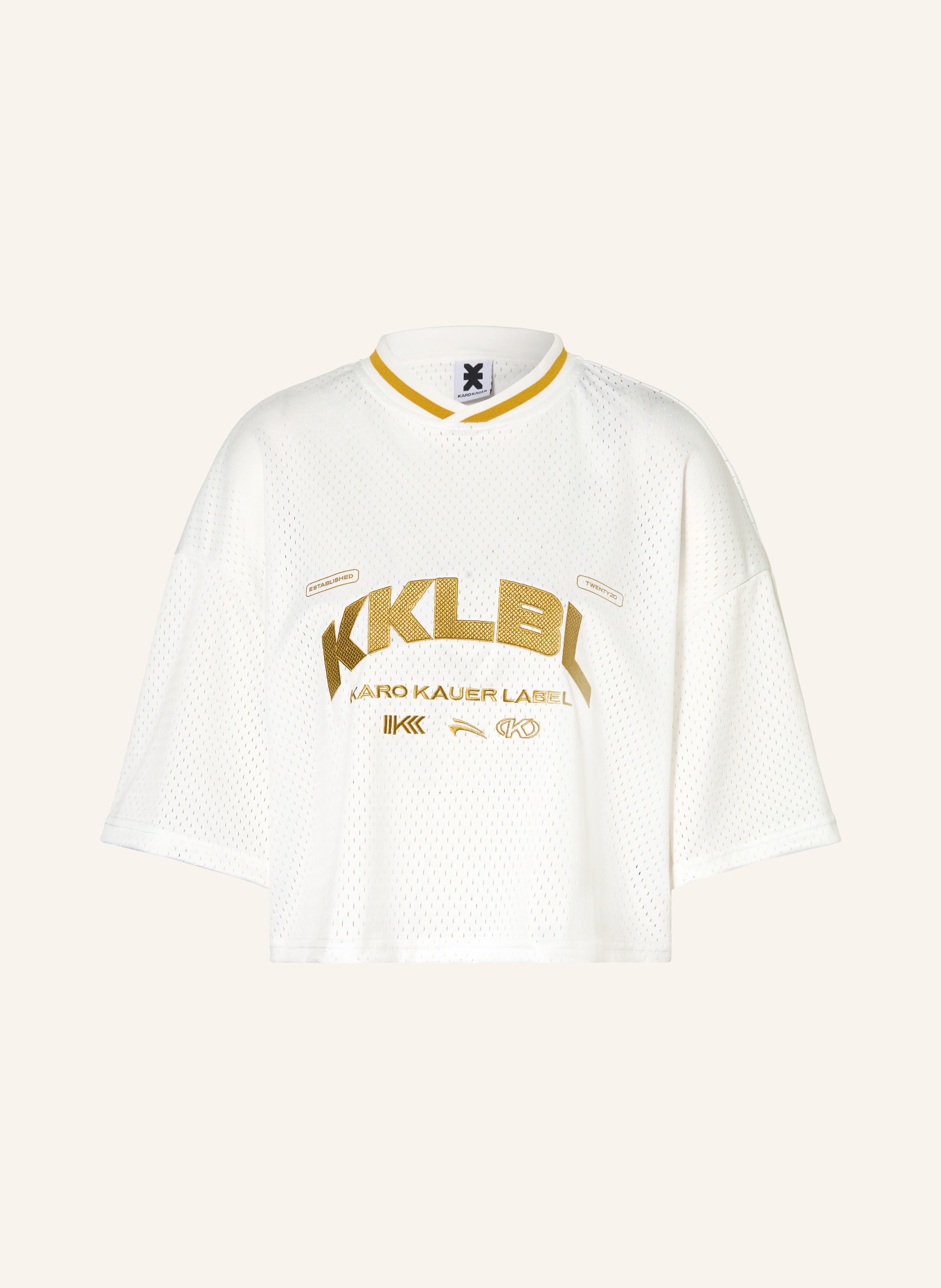 KARO KAUER T-shirt court en maille: BLANC / OR