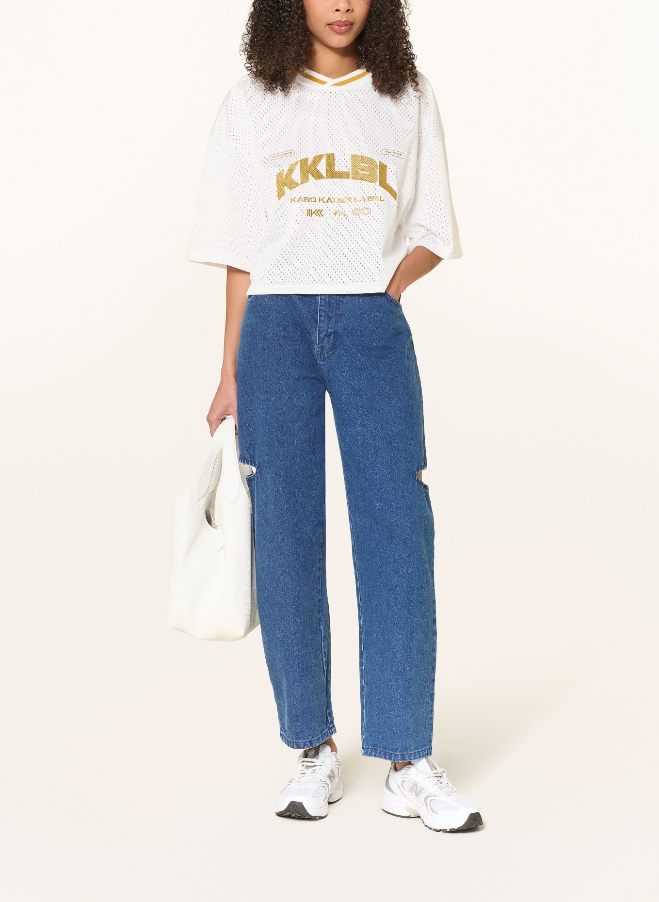 KARO KAUER T-shirt court en maille: BLANC / OR