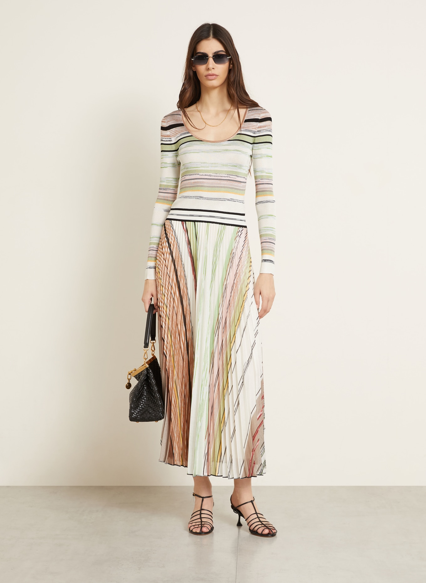 MISSONI Knitted dress with pleats: LIGHT GREEN / WHITE / BLACK