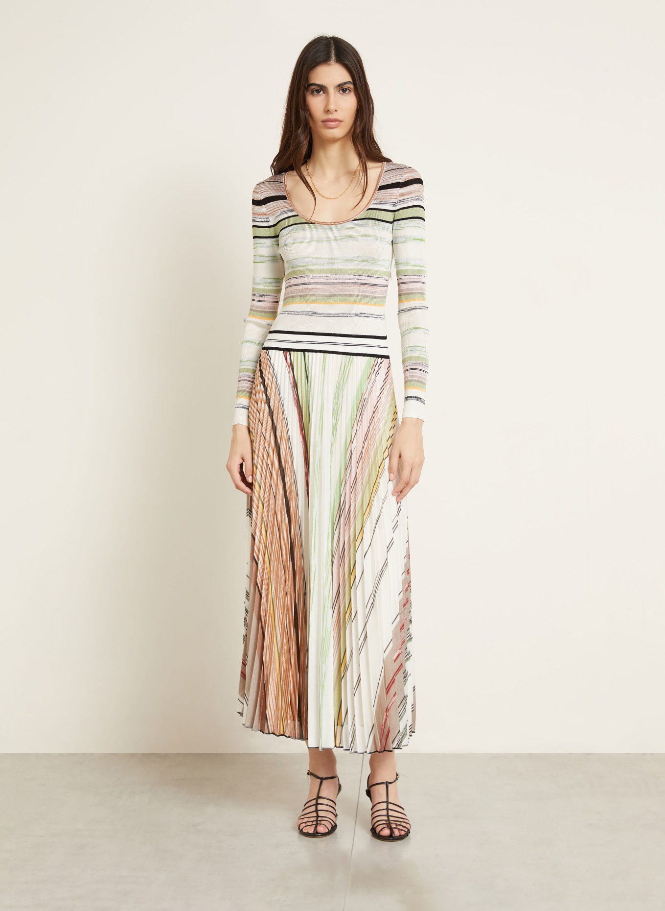 MISSONI Knitted dress with pleats: LIGHT GREEN / WHITE / BLACK