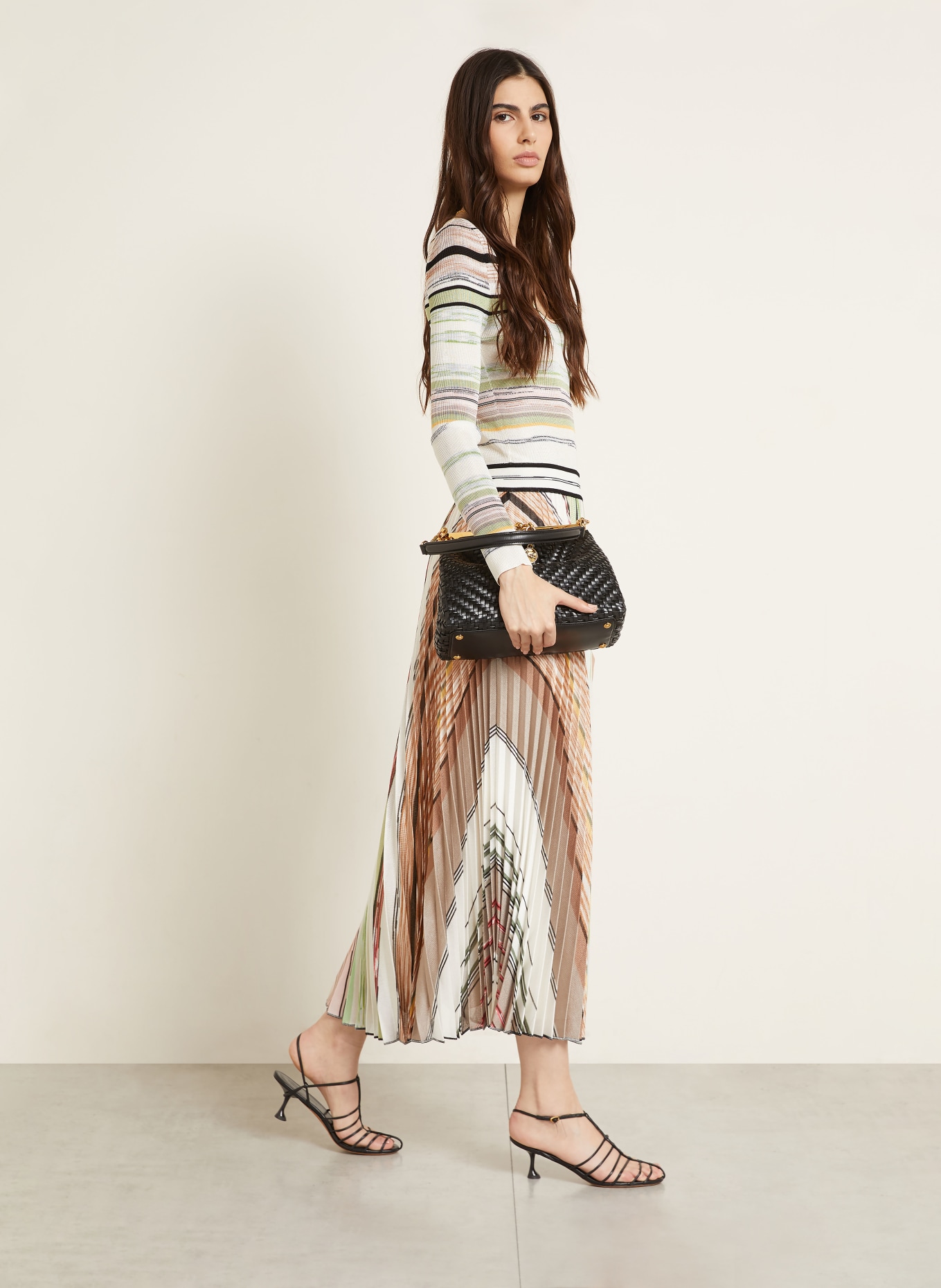 MISSONI Knitted dress with pleats: LIGHT GREEN / WHITE / BLACK
