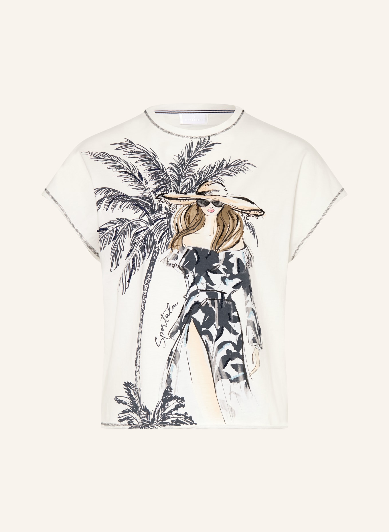 SPORTALM T-shirt met pailletten en strass-steentjes: WIT / CRÈME / GRIJS