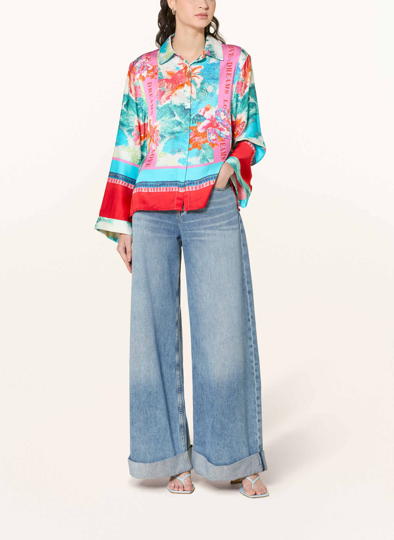 miss goodlife Hemdbluse aus Satin: PETROL / ROT / ORANGE