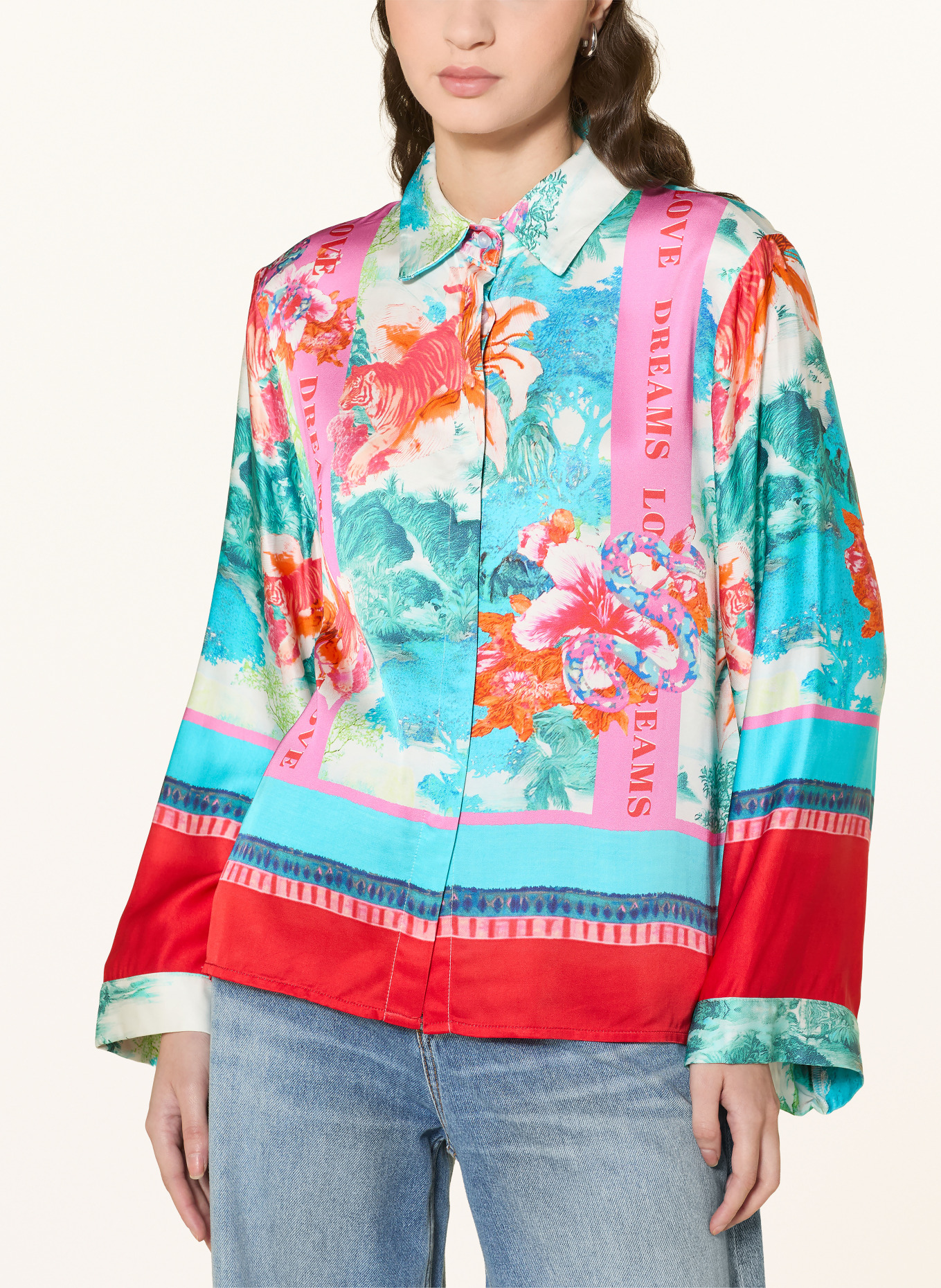 miss goodlife Hemdbluse aus Satin: PETROL / ROT / ORANGE