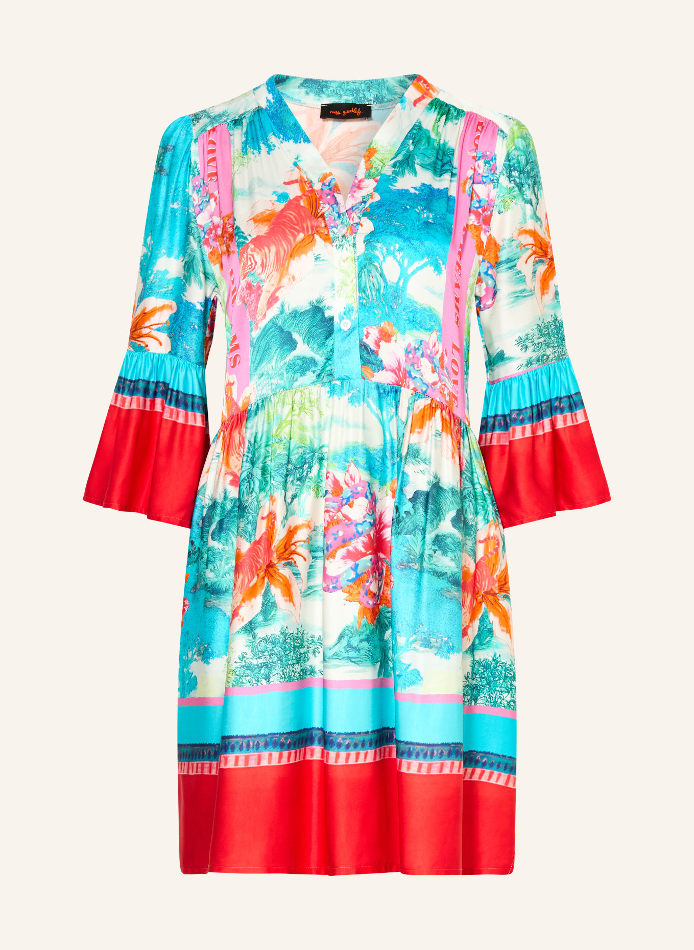 miss goodlife Satinkleid mit 3/4-Arm: PETROL / ROT / ORANGE