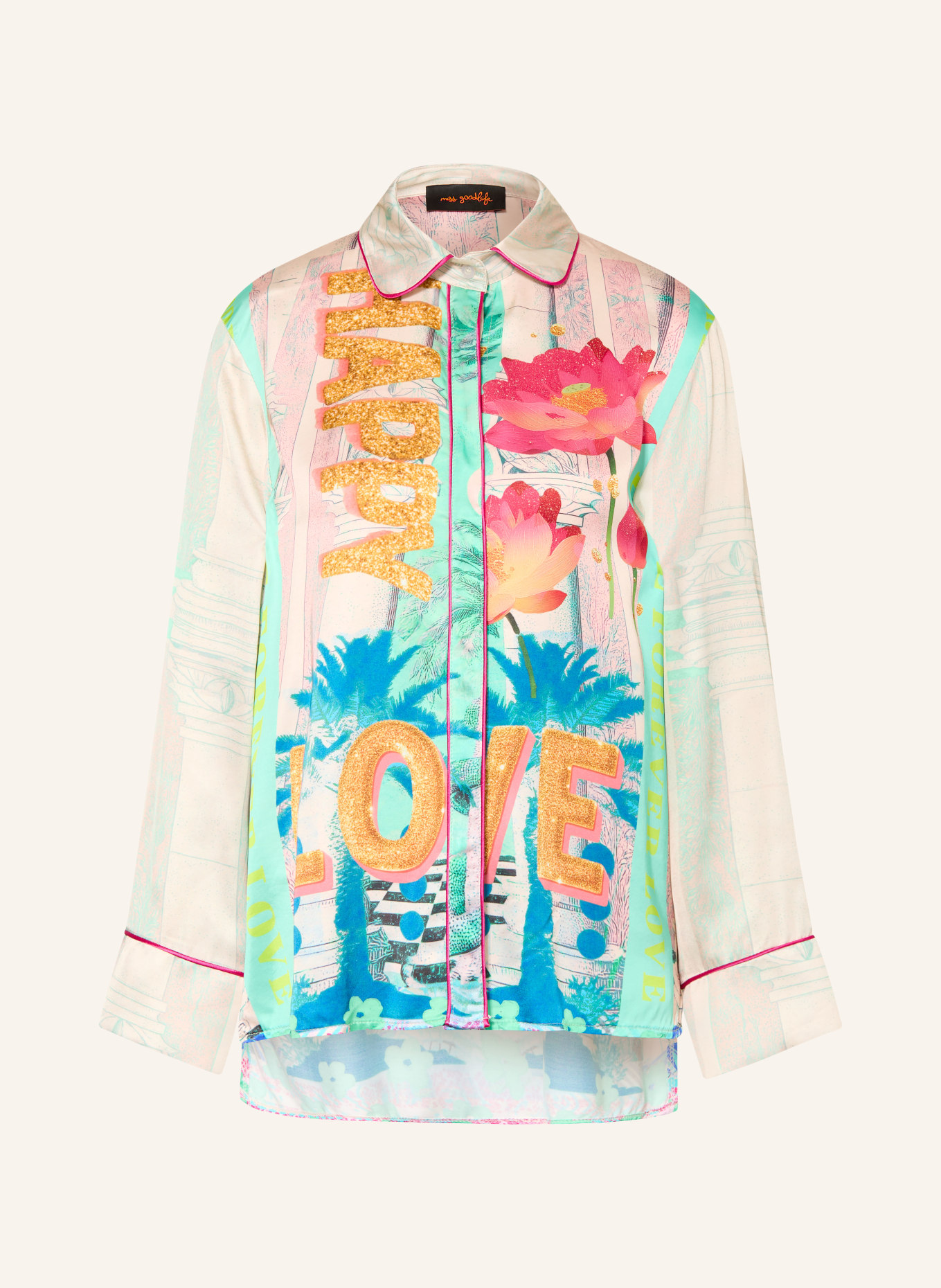 miss goodlife Hemdbluse aus Satin: ROSA / ORANGE / TÜRKIS