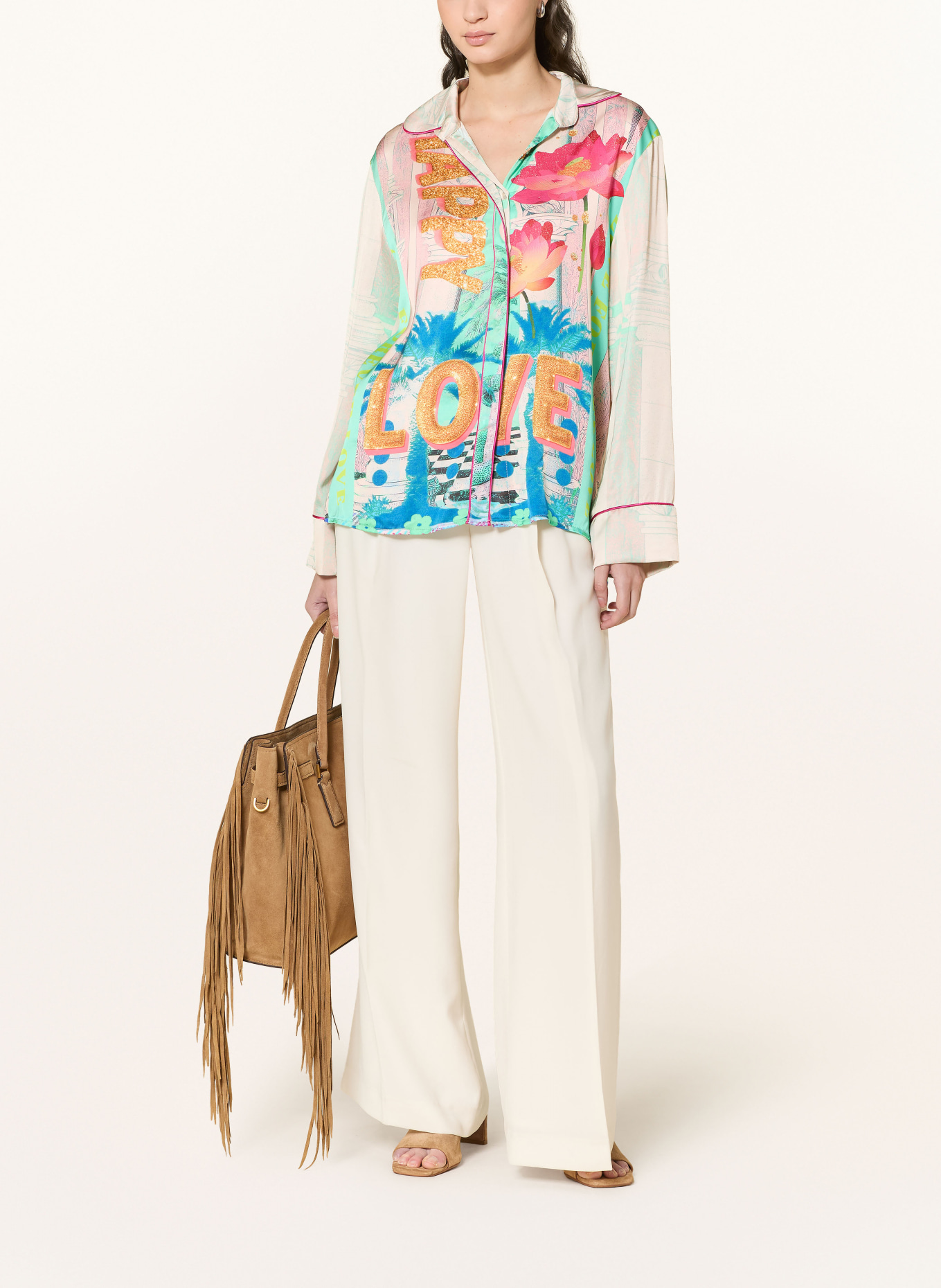 miss goodlife Hemdbluse aus Satin: ROSA / ORANGE / TÜRKIS