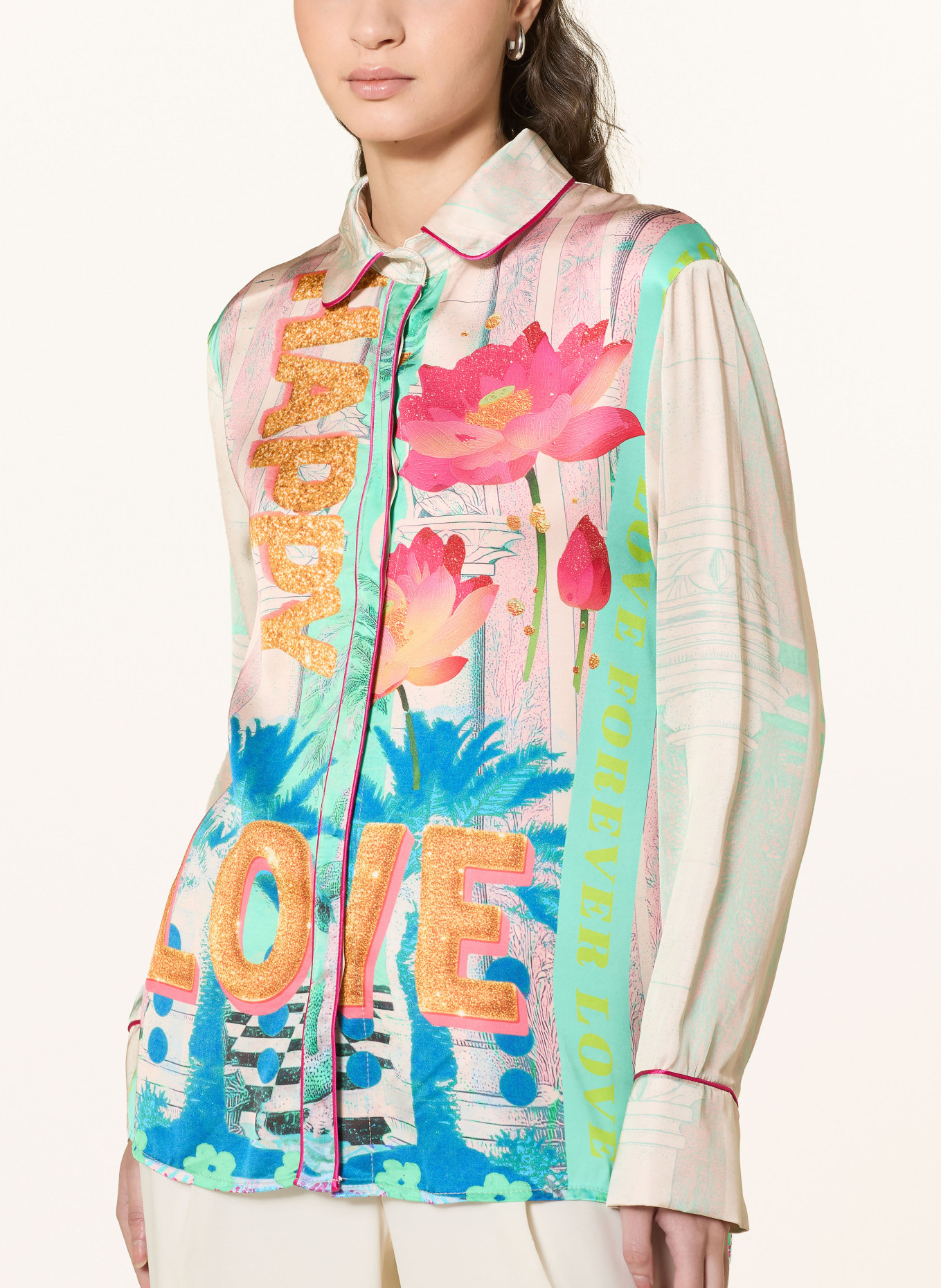 miss goodlife Hemdbluse aus Satin: ROSA / ORANGE / TÜRKIS