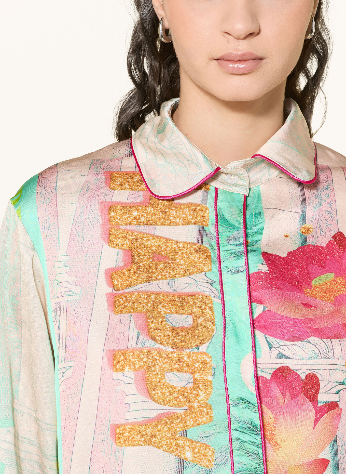 miss goodlife Hemdbluse aus Satin: ROSA / ORANGE / TÜRKIS