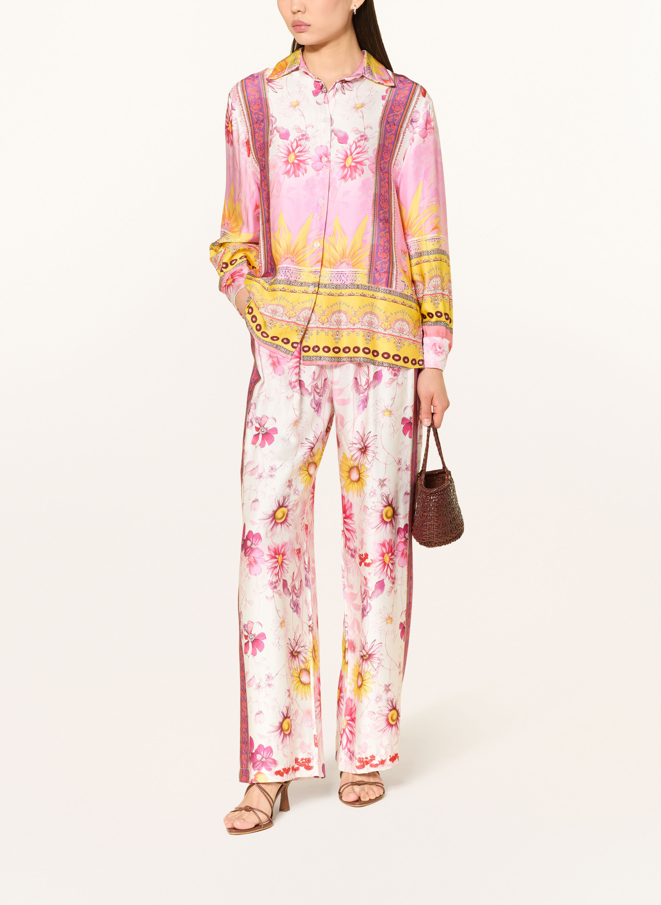 miss goodlife Marlenehose aus Satin: WEISS / ROSA / GELB