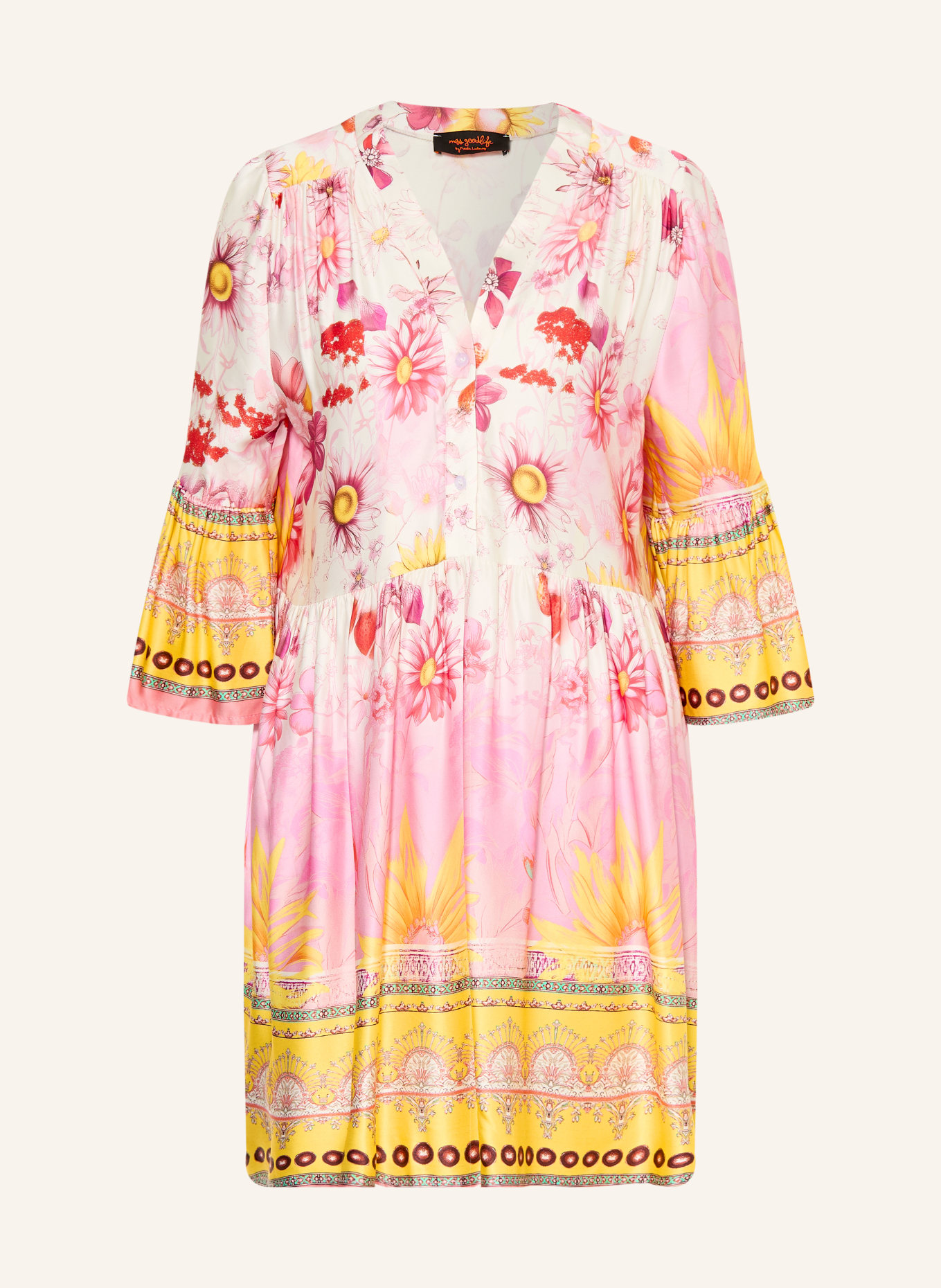 miss goodlife Satin dress with 3/4 sleeves: PINK / ECRU / YELLOW