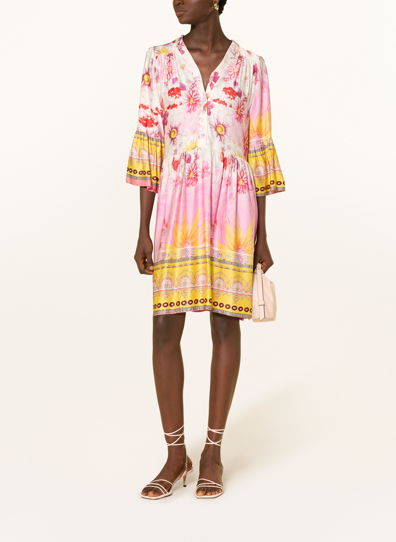 miss goodlife Satin dress with 3/4 sleeves: PINK / ECRU / YELLOW