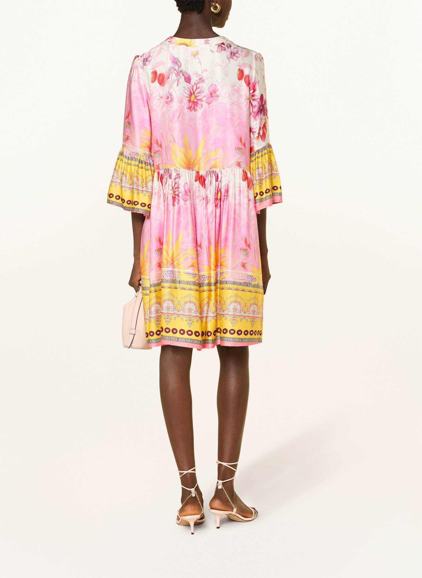 miss goodlife Satin dress with 3/4 sleeves: PINK / ECRU / YELLOW