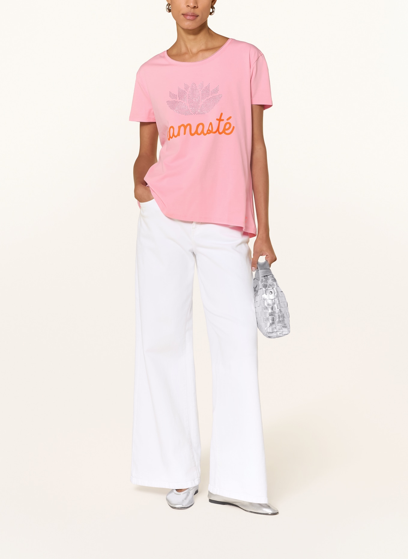 miss goodlife T-shirt NAMASTE met sierstenen: ROZE / NEONORANJE