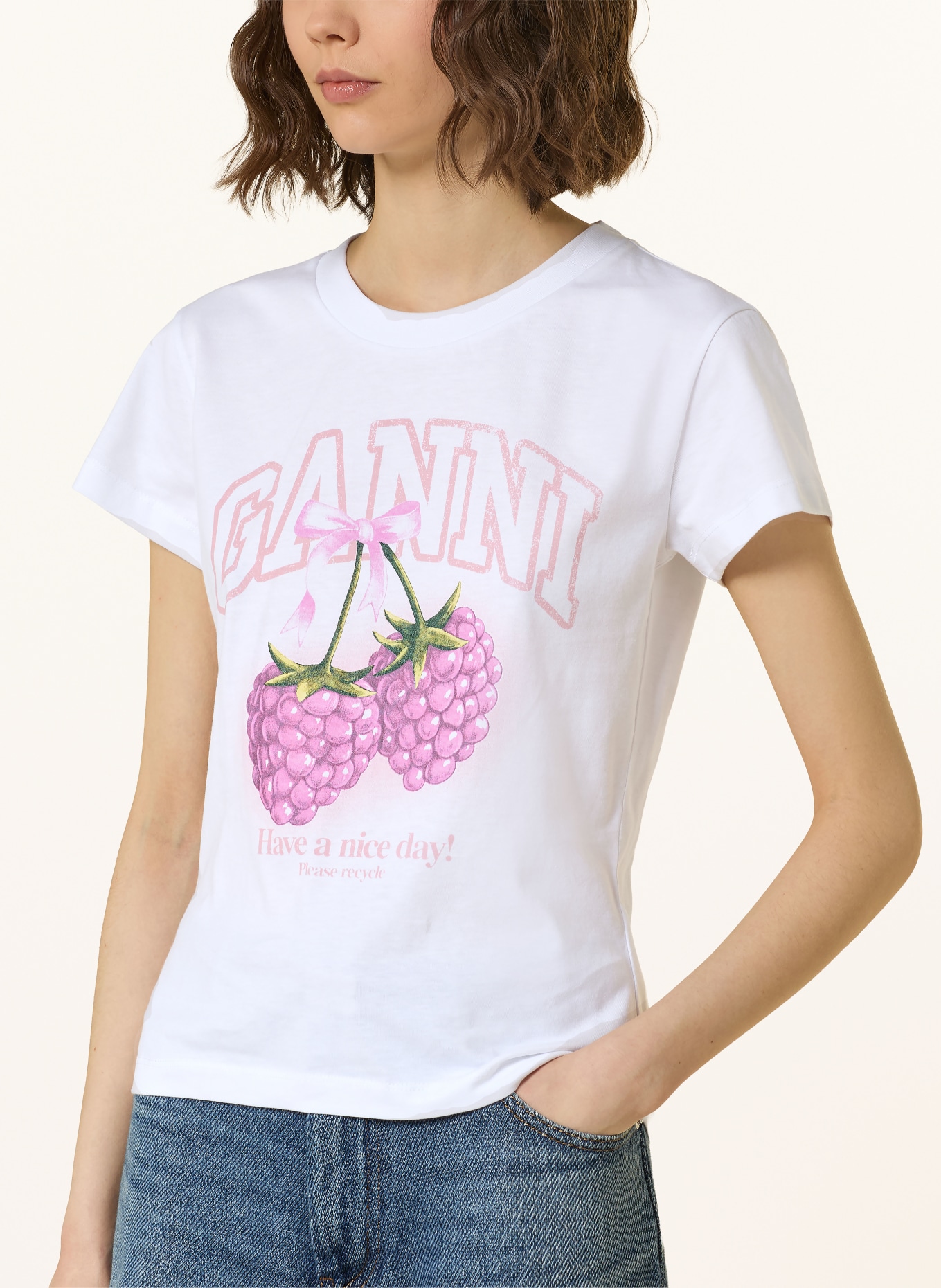 GANNI T-Shirt: WEISS / ROSÉ / GRÜN