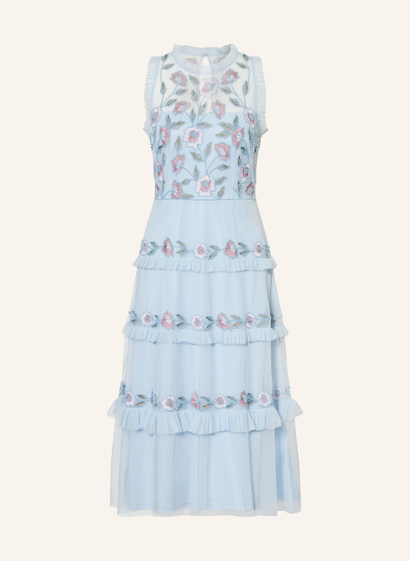 ADRIANNA PAPELL Cocktailkleid mit Rüschen und Schmuckperlen: HELLBLAU / ROSA / HELLGRÜN