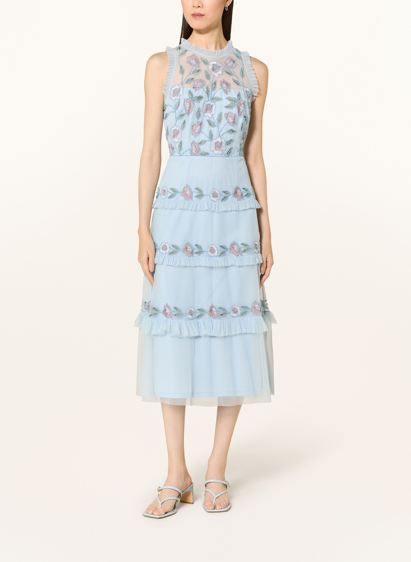 ADRIANNA PAPELL Cocktailkleid mit Rüschen und Schmuckperlen: HELLBLAU / ROSA / HELLGRÜN