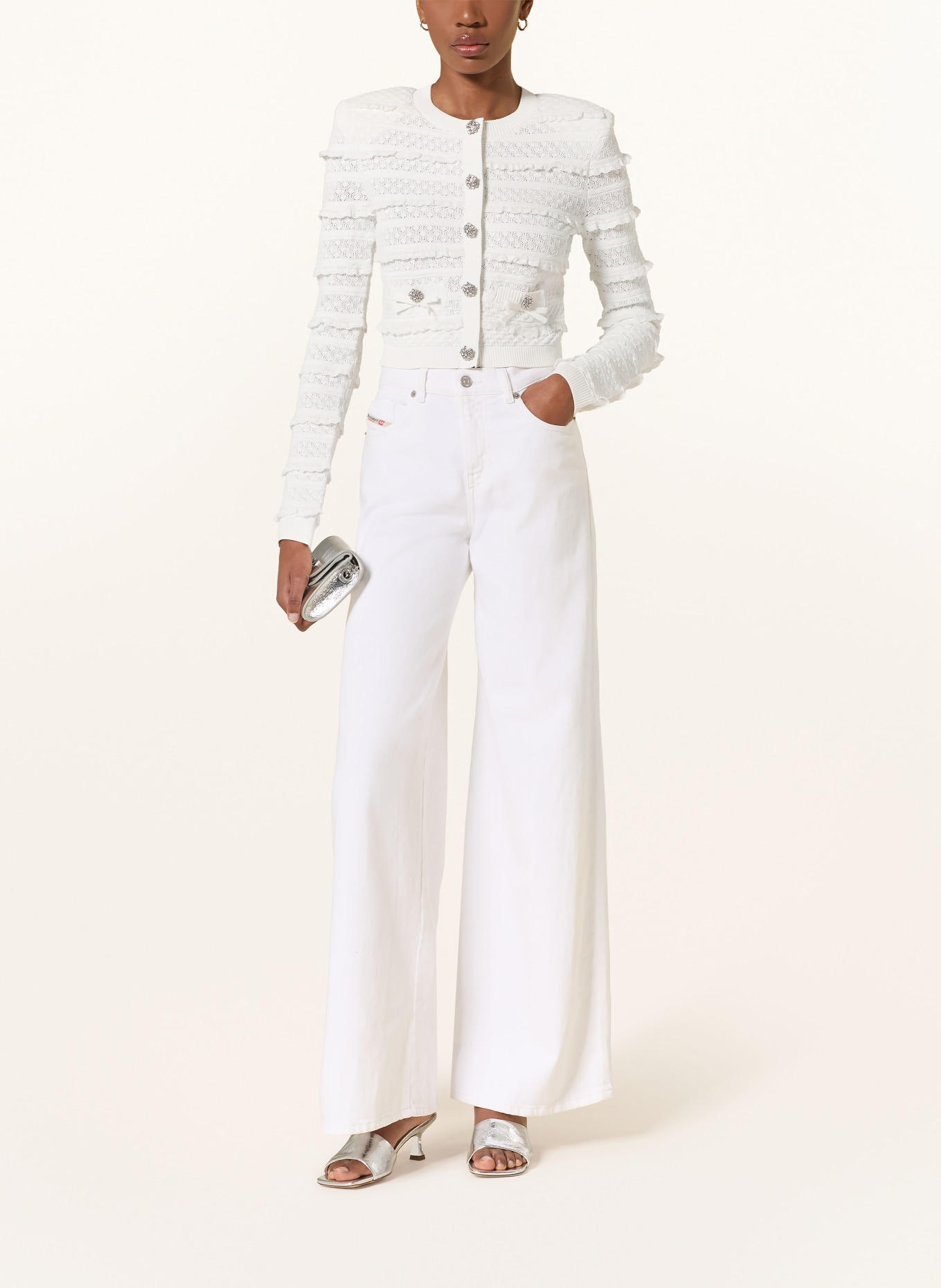 self-portrait Krátký svetr s ozdobnými kamínky a volánky: BÍLÁ