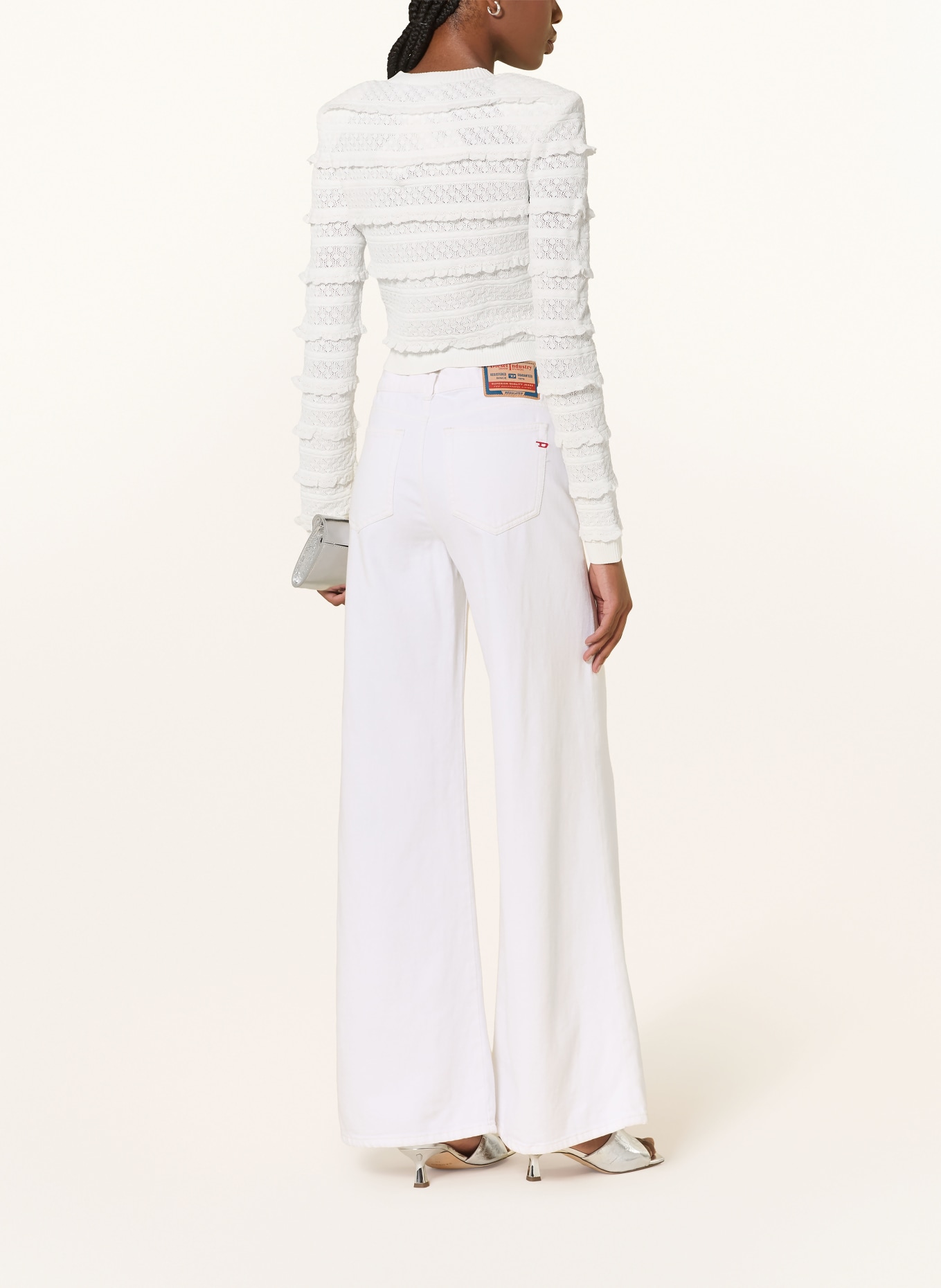 self-portrait Krátký svetr s ozdobnými kamínky a volánky: BÍLÁ