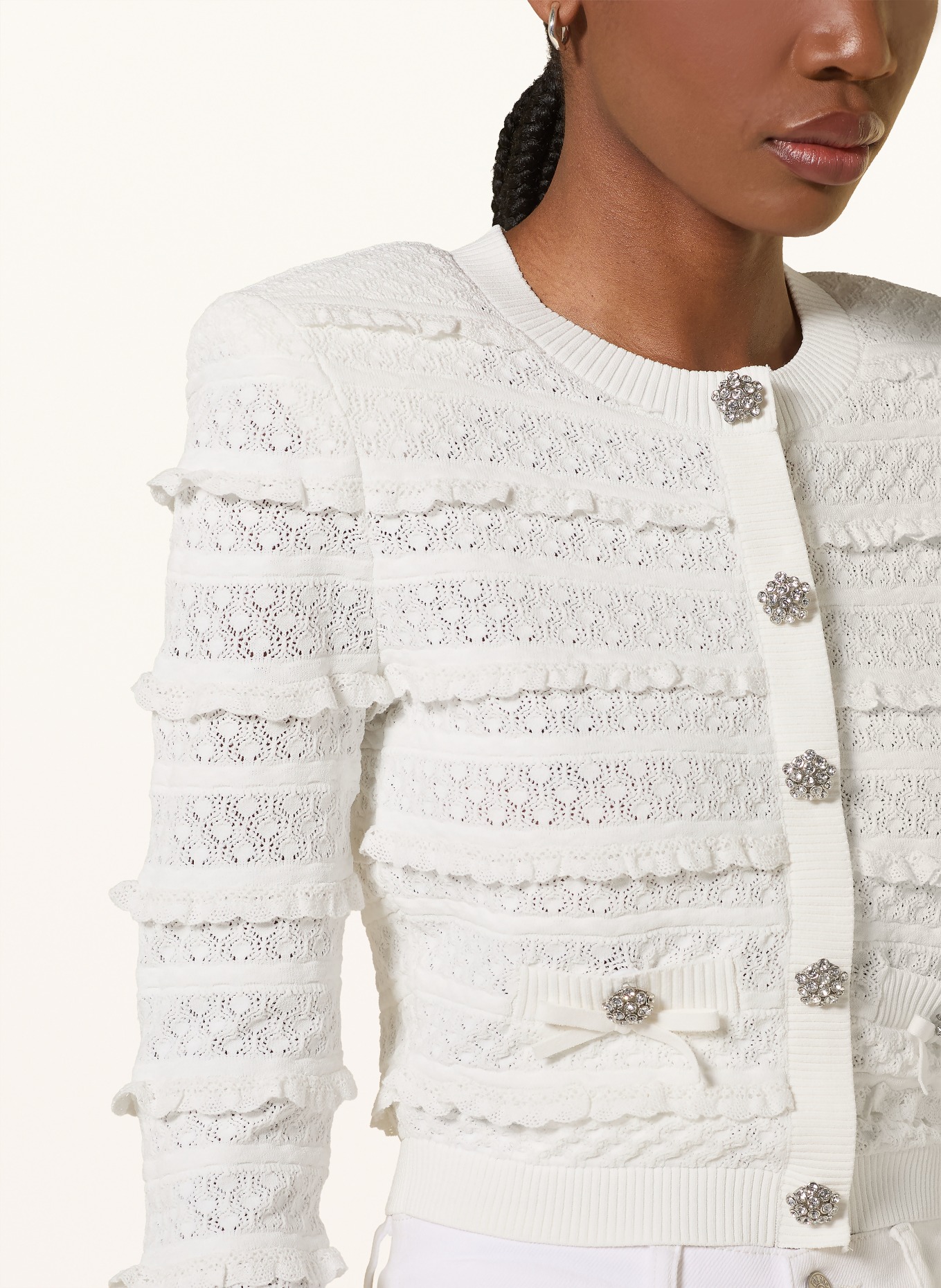 self-portrait Krátký svetr s ozdobnými kamínky a volánky: BÍLÁ