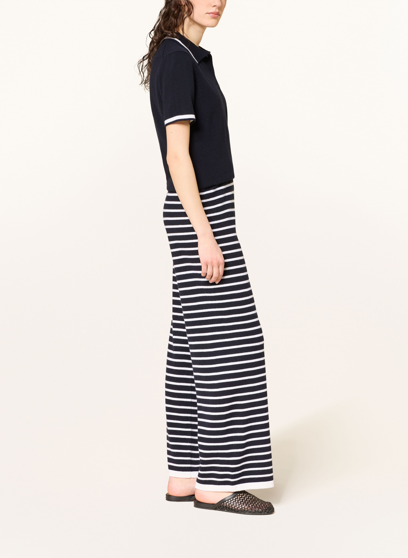 ALLUDE Pantalon en maille cachemire: BLEU FONCÉ / BLANC