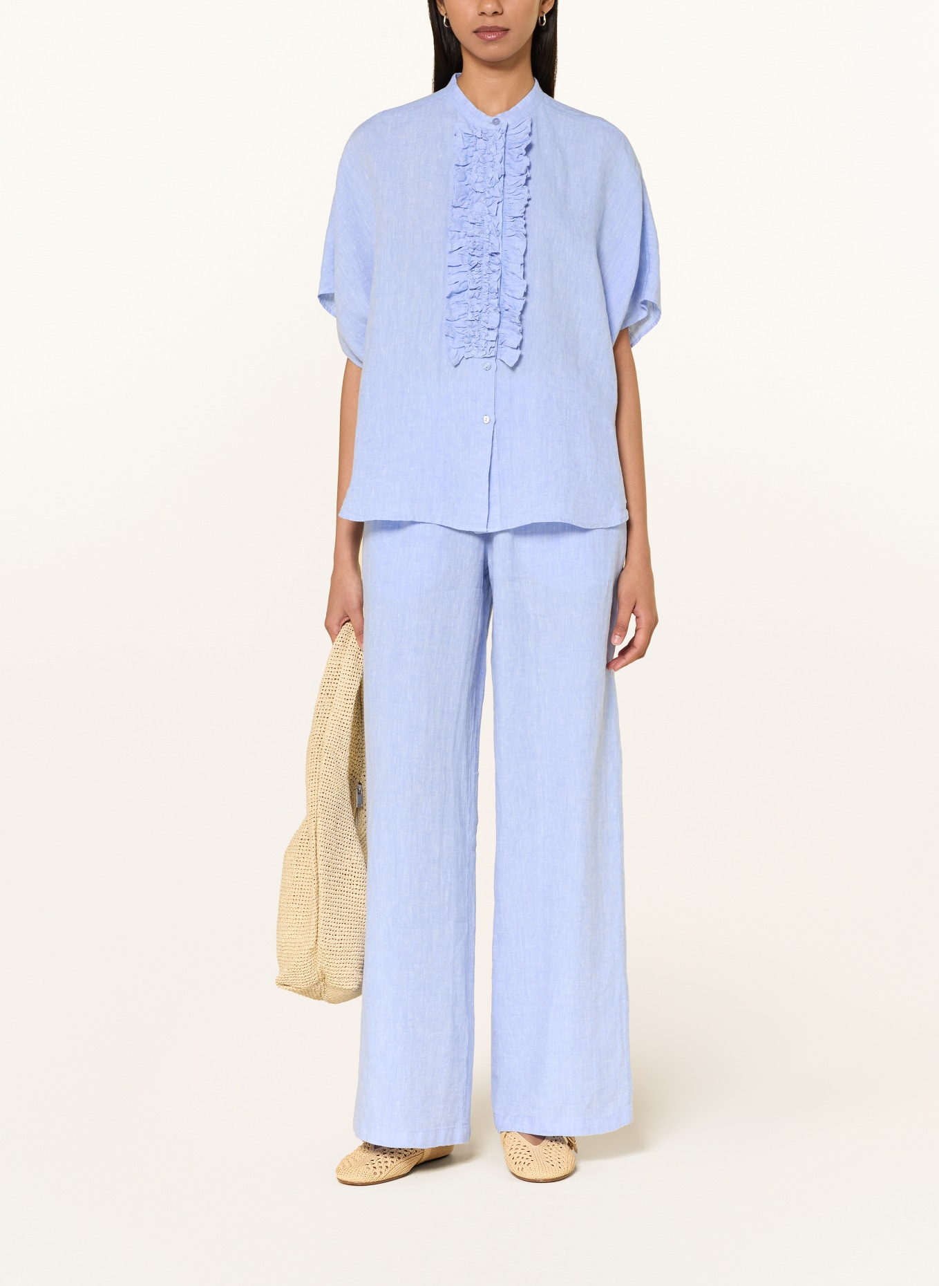 MILANO ITALY Linnen blouse met ruches: LICHTBLAUW