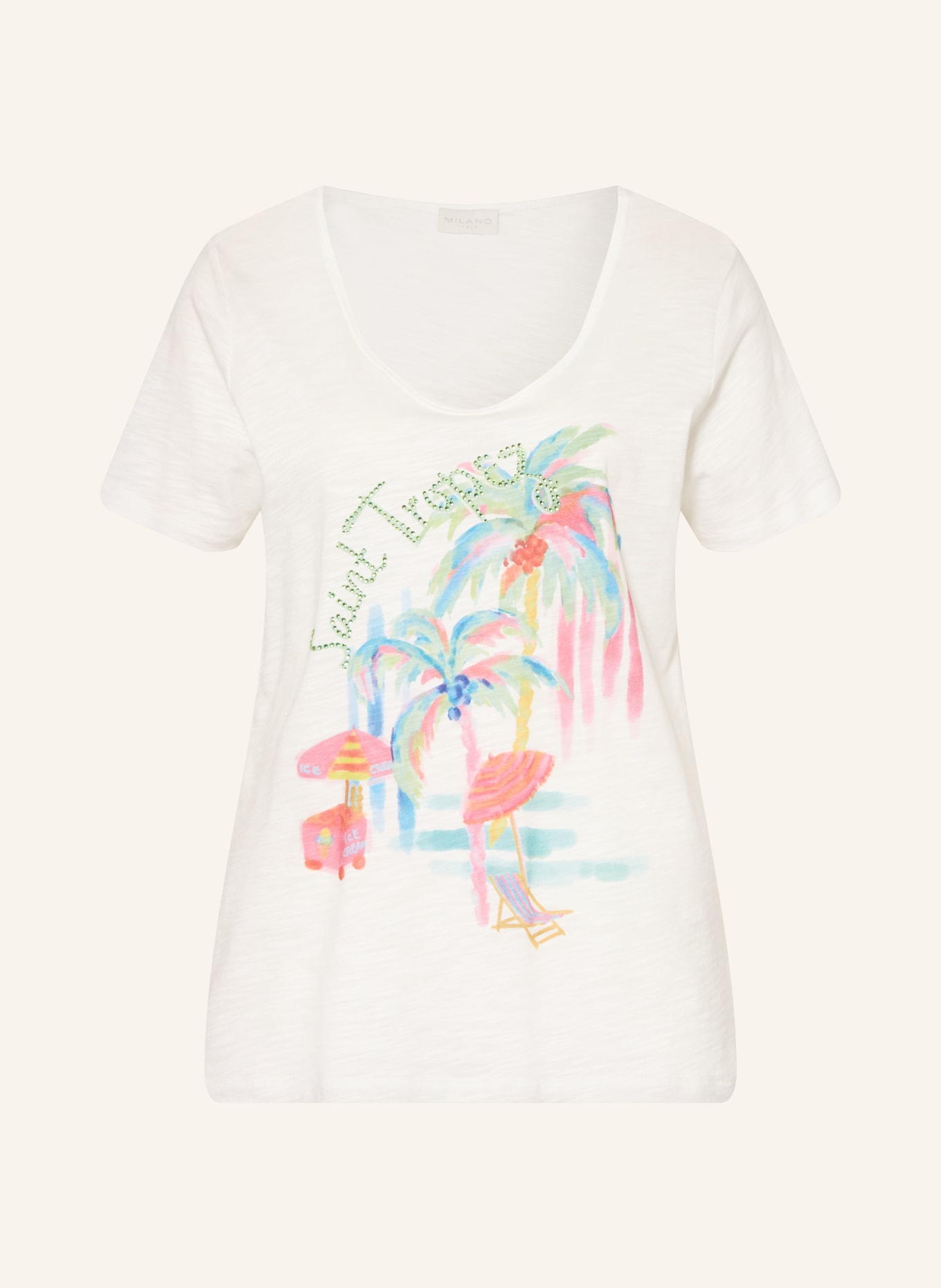 MILANO ITALY T-shirt met strass-steentjes: CRÈME / ROZE / GROEN
