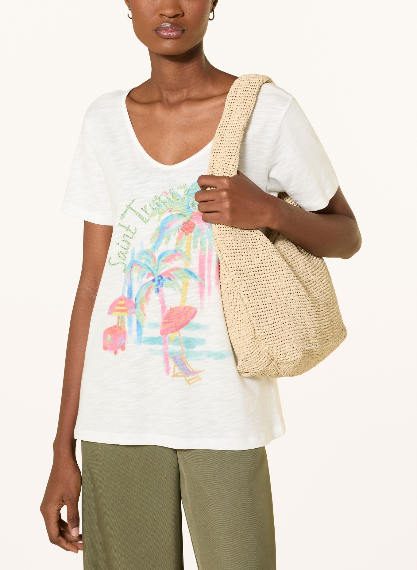 MILANO ITALY T-shirt met strass-steentjes: CRÈME / ROZE / GROEN