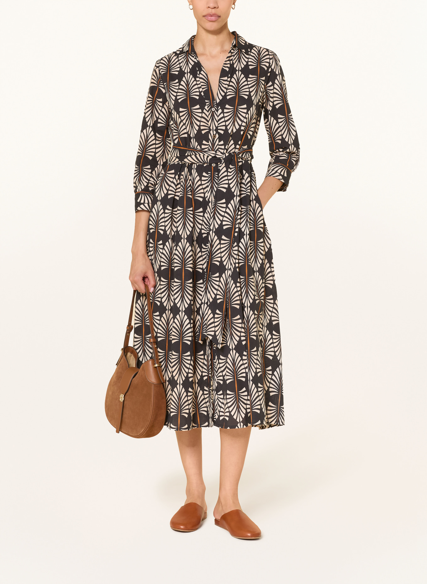 0039 ITALY Hemdblusenkleid JULENE mit 3/4-Arm: SCHWARZ / COGNAC / CREME