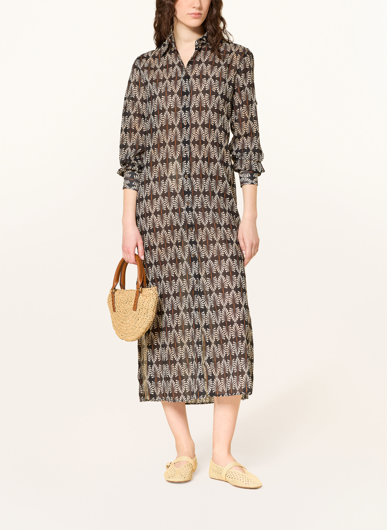 0039 ITALY Hemdblusenkleid: SCHWARZ / COGNAC / CREME