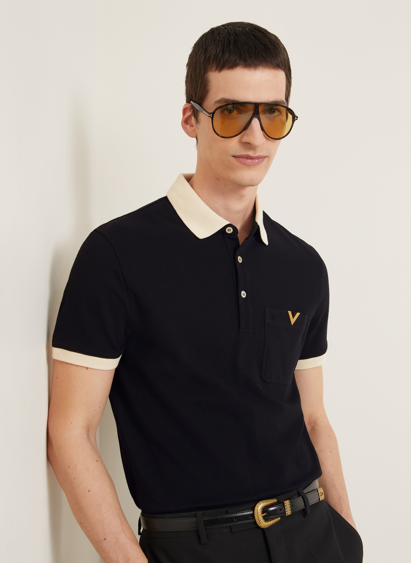 VALENTINO Piqué-poloshirt VGOLD: ZWART / ECRU