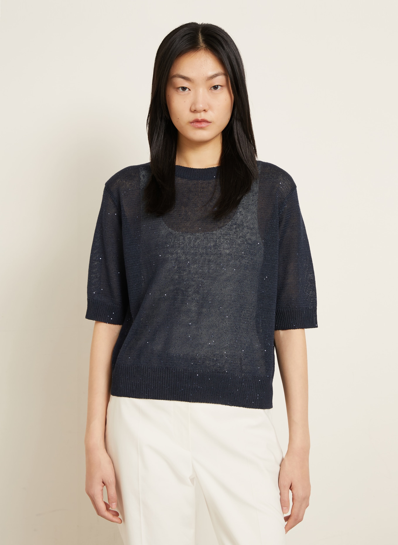 BRUNELLO CUCINELLI Strickshirt aus Leinen mit Pailletten: DUNKELBLAU