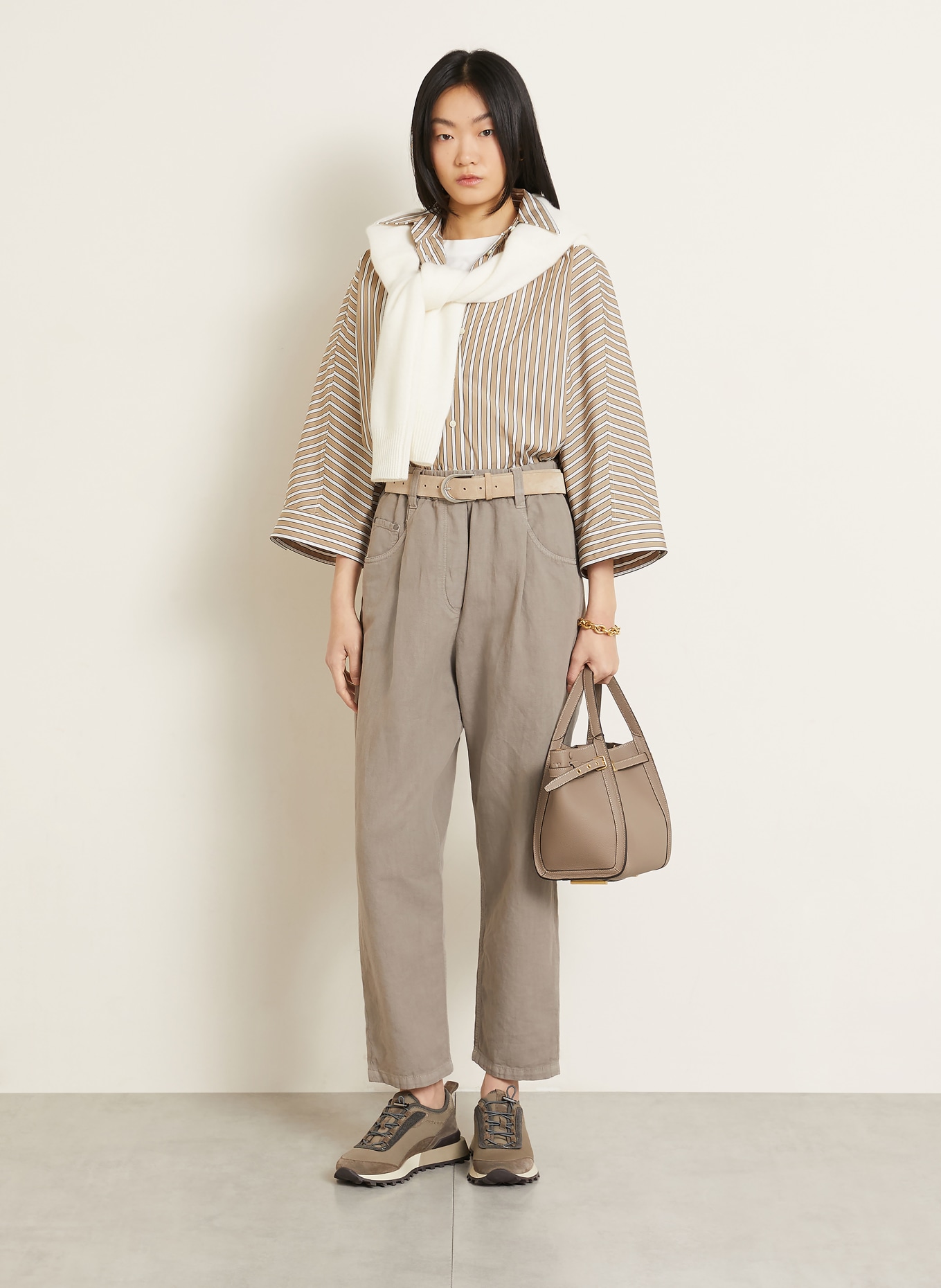 BRUNELLO CUCINELLI Oversized-Hemdbluse mit 3/4-Arm: BEIGE / WEISS / SCHWARZ
