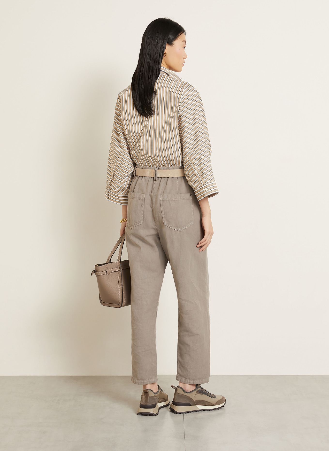 BRUNELLO CUCINELLI Oversized-Hemdbluse mit 3/4-Arm: BEIGE / WEISS / SCHWARZ