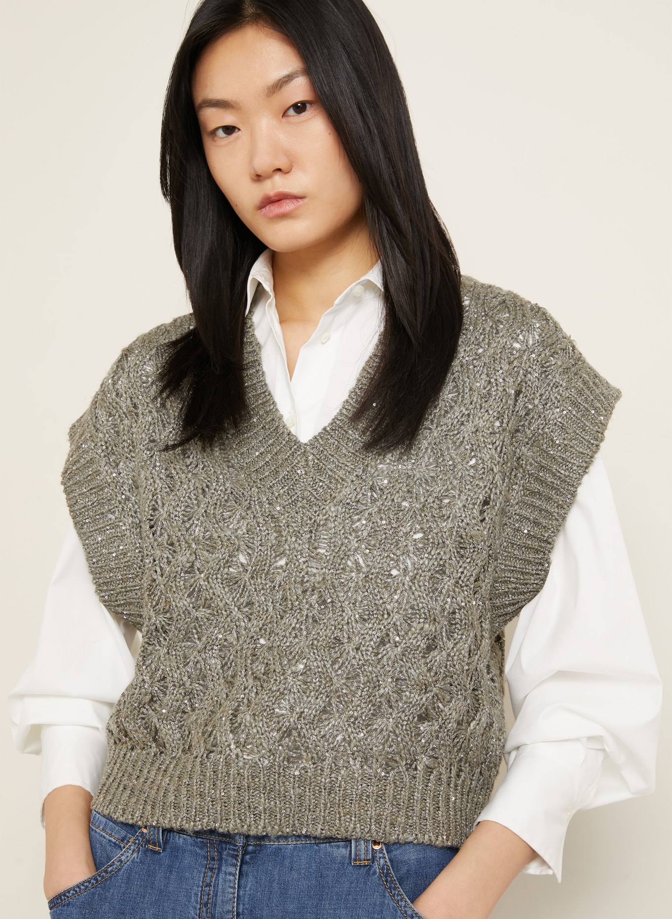 BRUNELLO CUCINELLI Strickshirt mit Pailletten: KHAKI