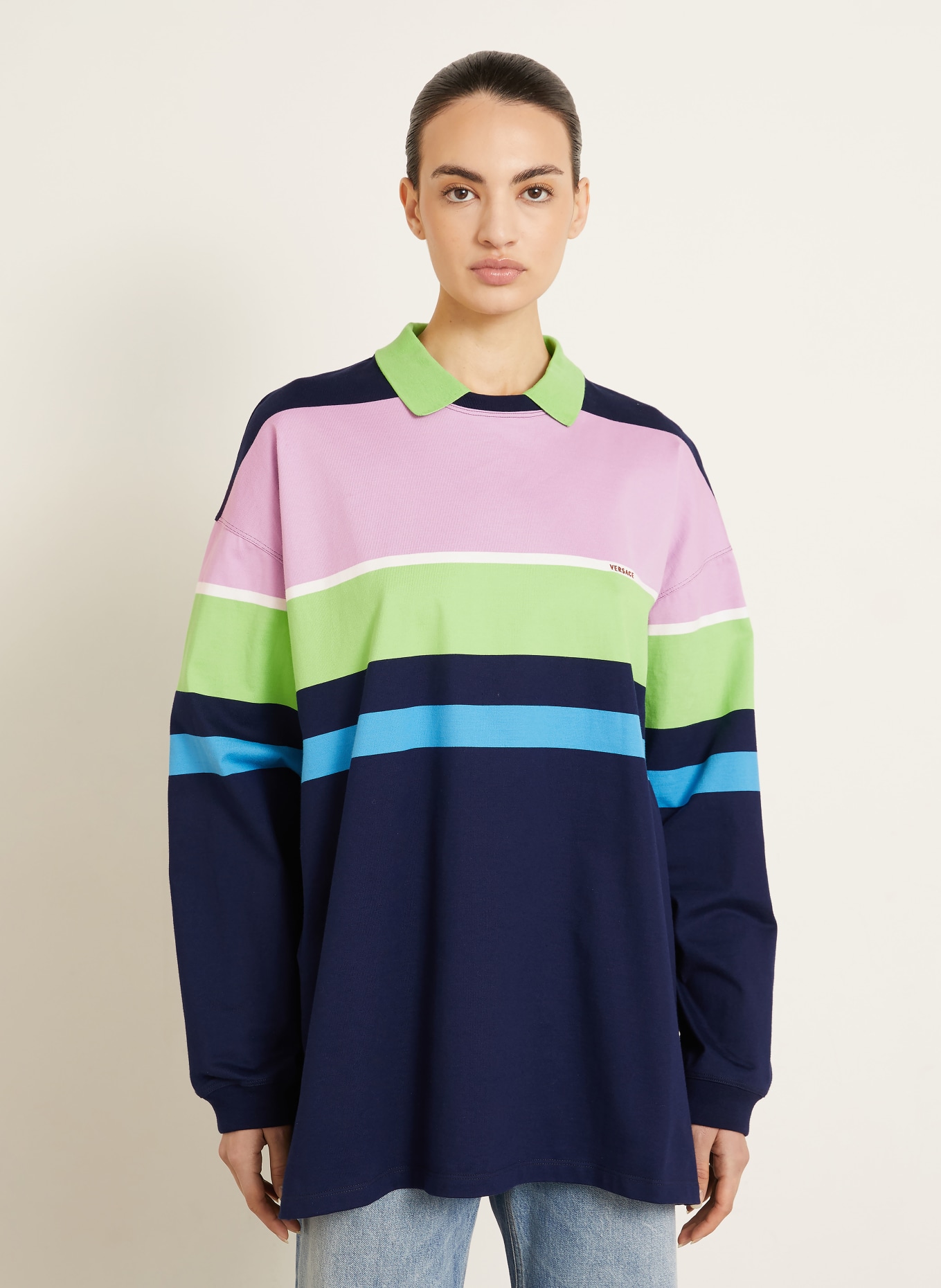 VERSACE Jersey poloshirt: DONKERBLAUW / ROZE / LICHTGROEN