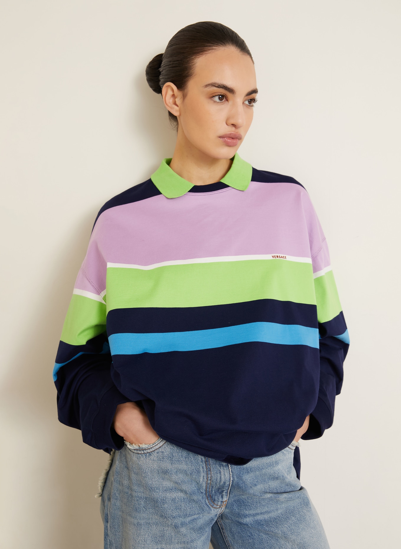 VERSACE Jersey poloshirt: DONKERBLAUW / ROZE / LICHTGROEN