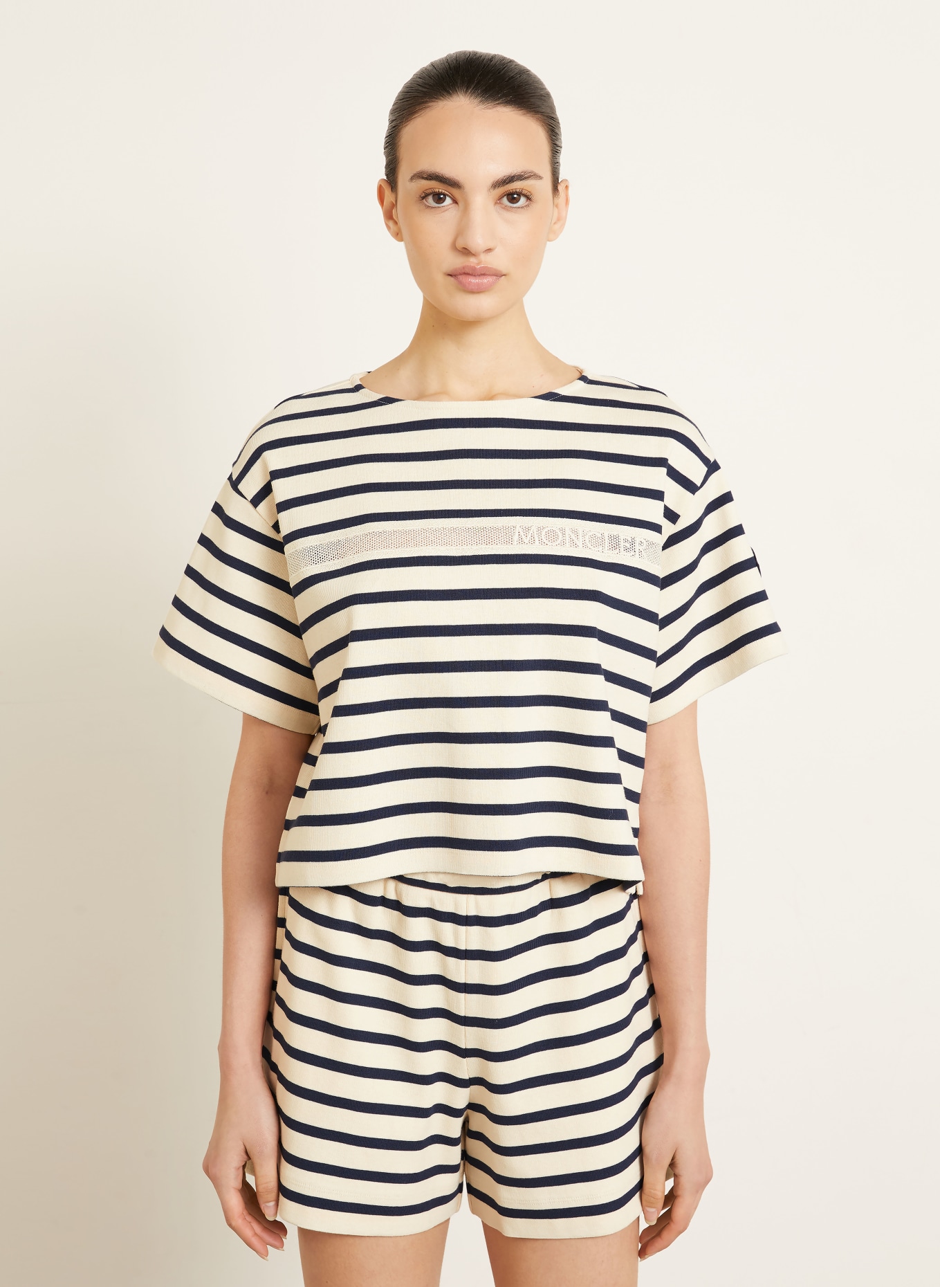 MONCLER T-shirt met kant: ECRU / DONKERBLAUW