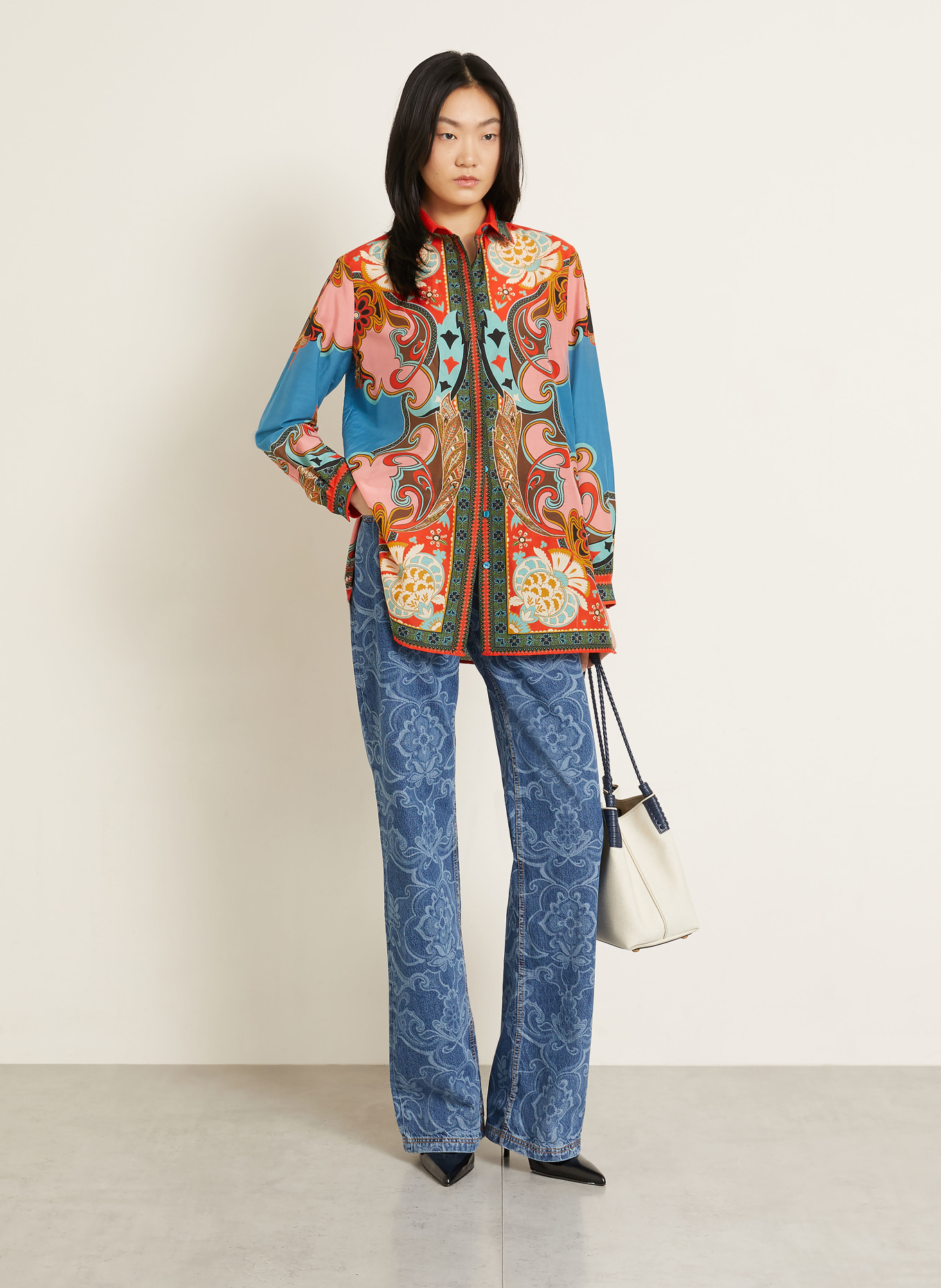 ETRO Hemdbluse mit Seide: BLAU / HELLROT / ROT