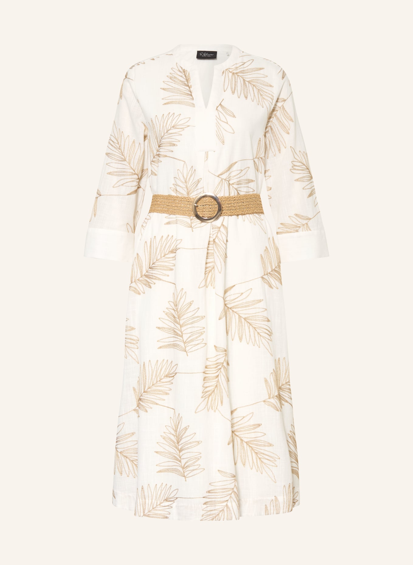 s.Oliver BLACK LABEL Jurk met 3/4-mouwen en glinsterend garen: ECRU / CAMEL