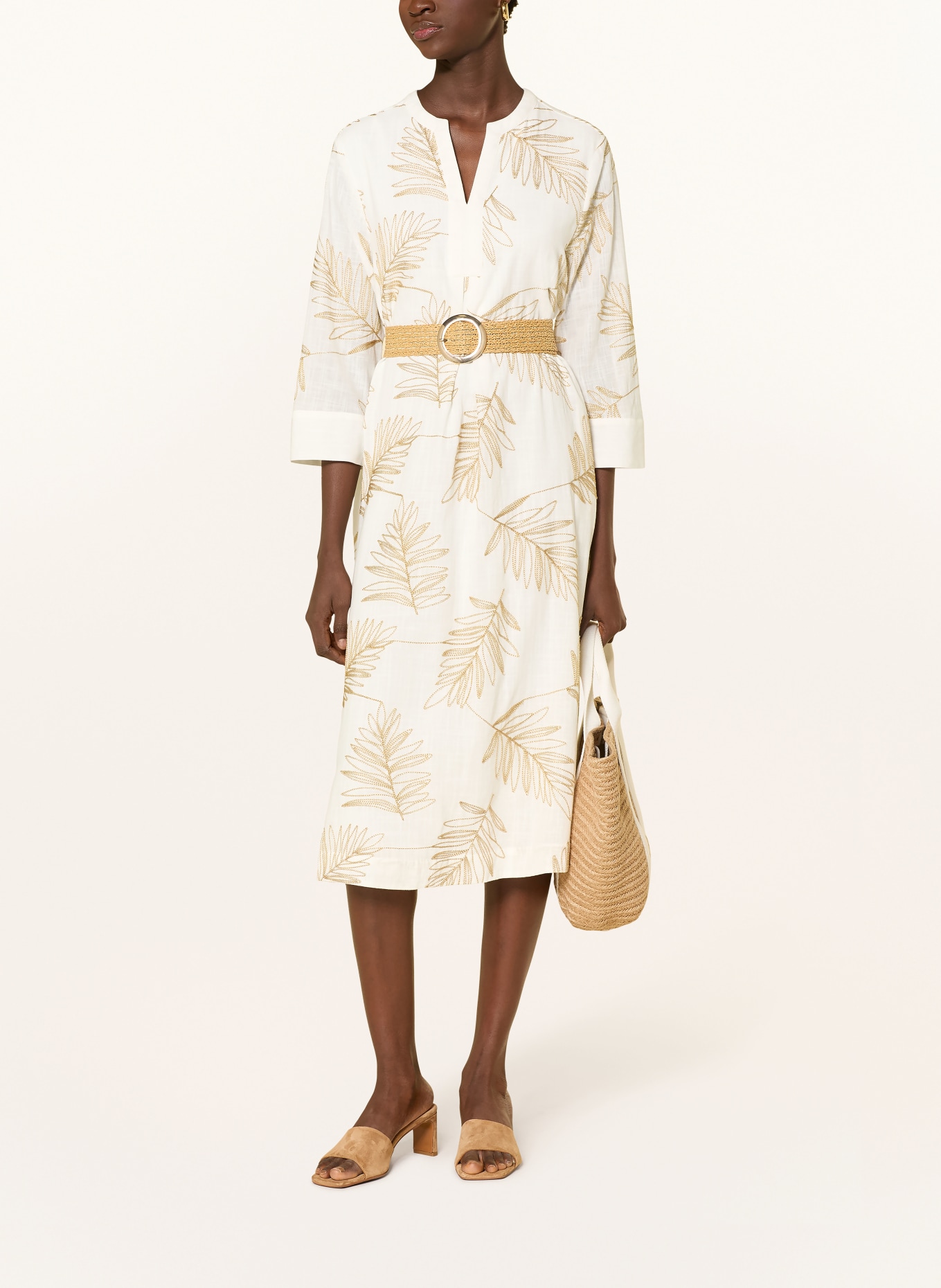 s.Oliver BLACK LABEL Jurk met 3/4-mouwen en glinsterend garen: ECRU / CAMEL