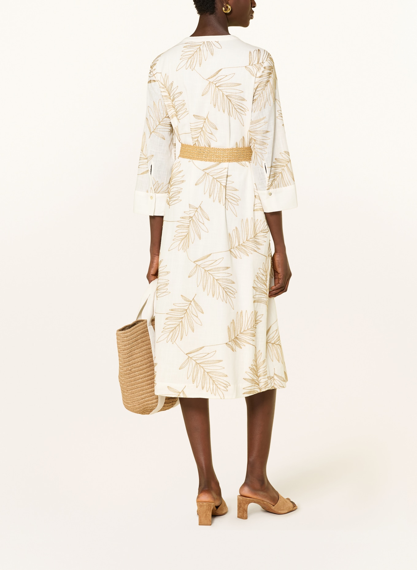 s.Oliver BLACK LABEL Jurk met 3/4-mouwen en glinsterend garen: ECRU / CAMEL