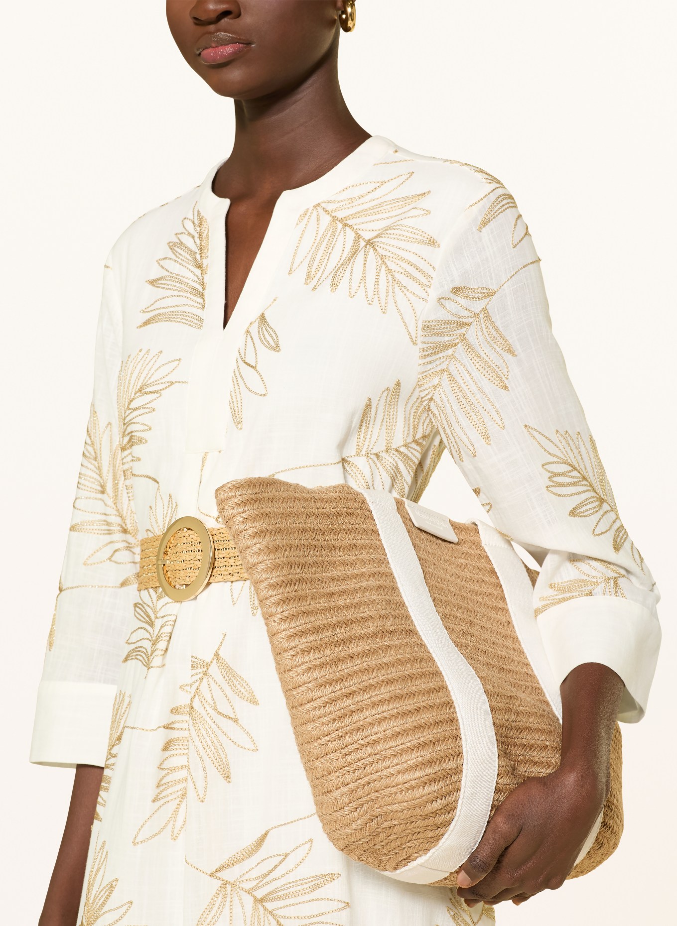 s.Oliver BLACK LABEL Jurk met 3/4-mouwen en glinsterend garen: ECRU / CAMEL