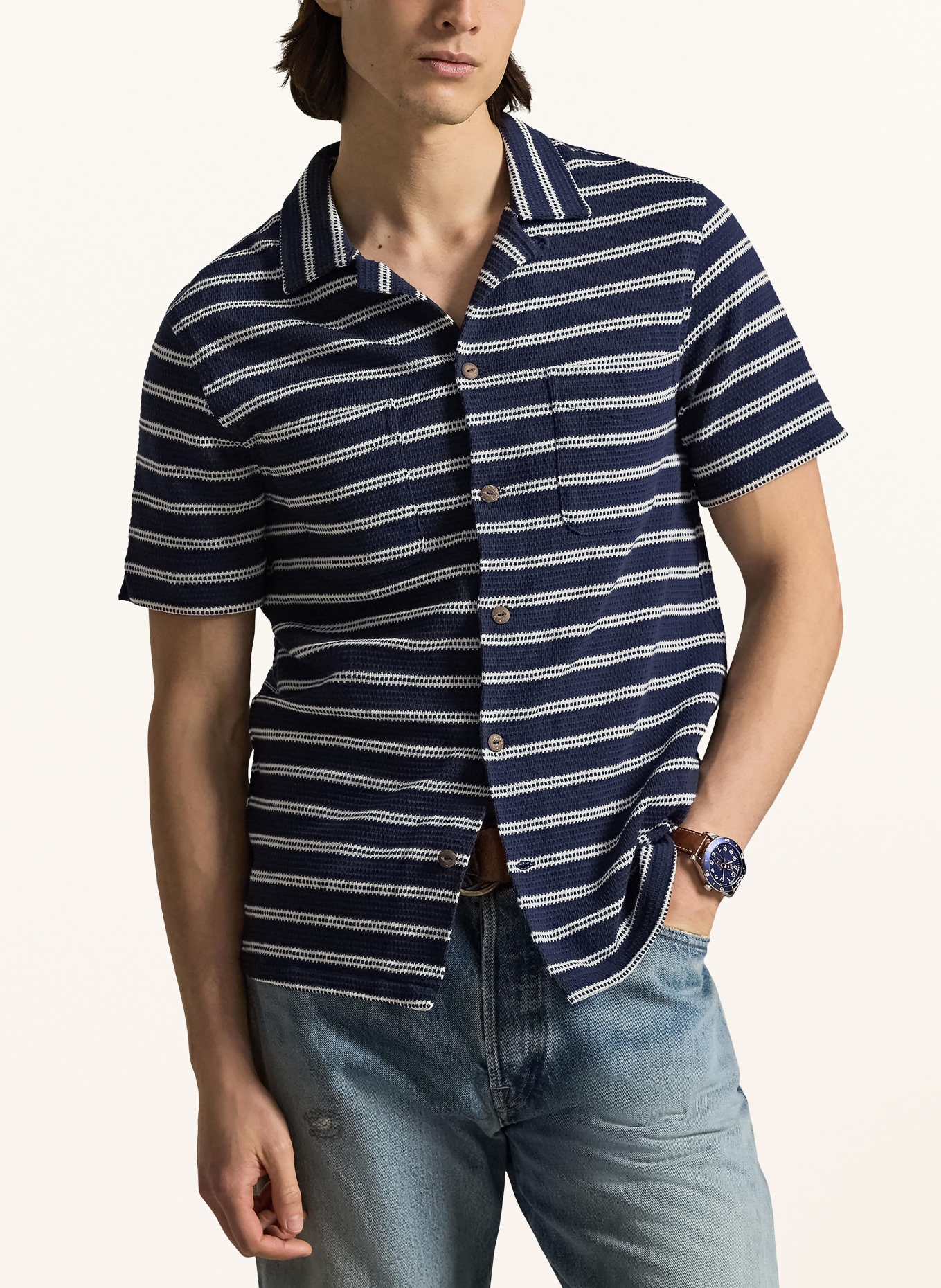 POLO RALPH LAUREN Gebreid overhemd met normale pasvorm: DONKERBLAUW / CRÈME