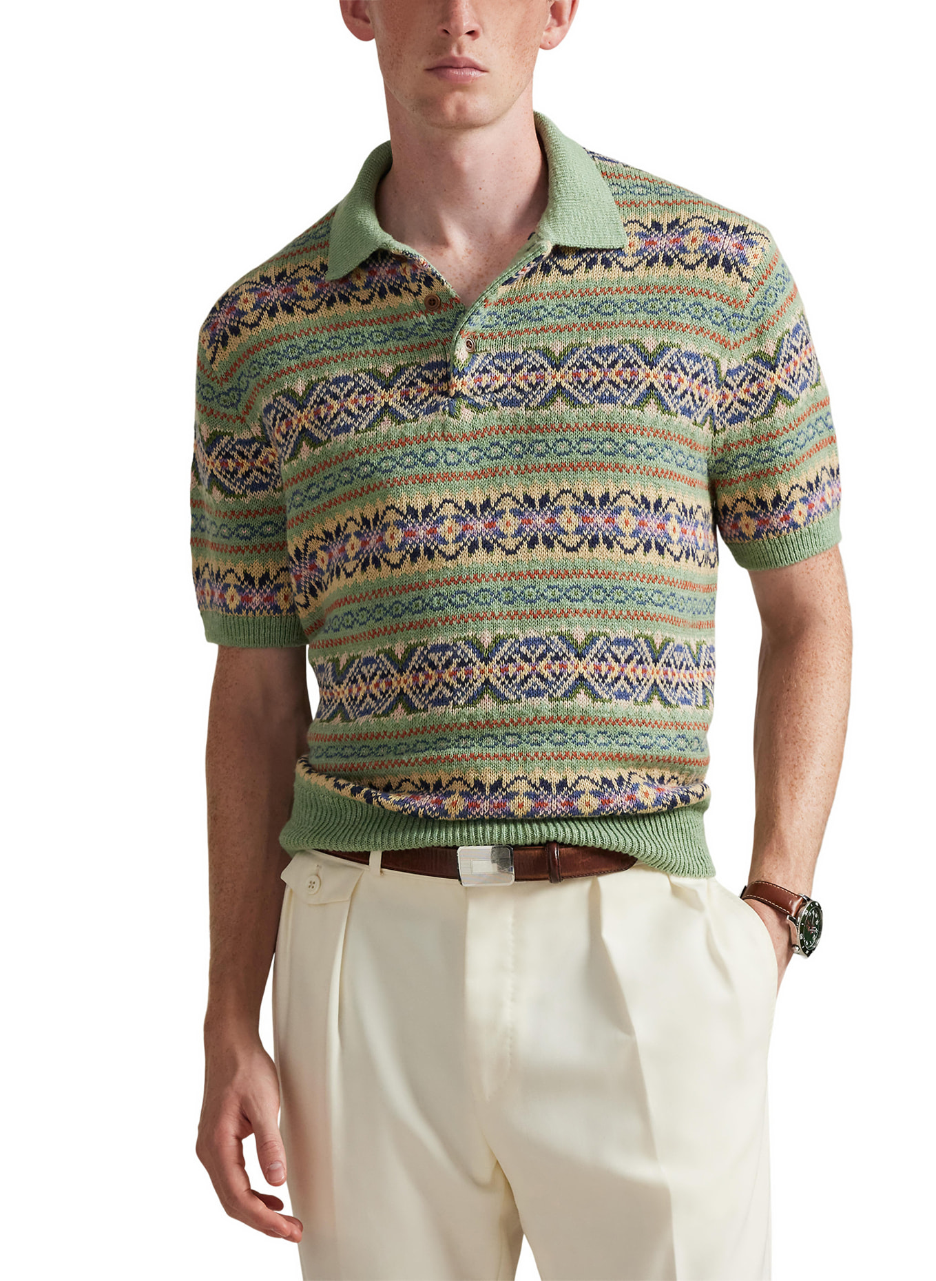 POLO RALPH LAUREN Strick-Poloshirt: HELLGRÜN / LILA / DUNKELBLAU